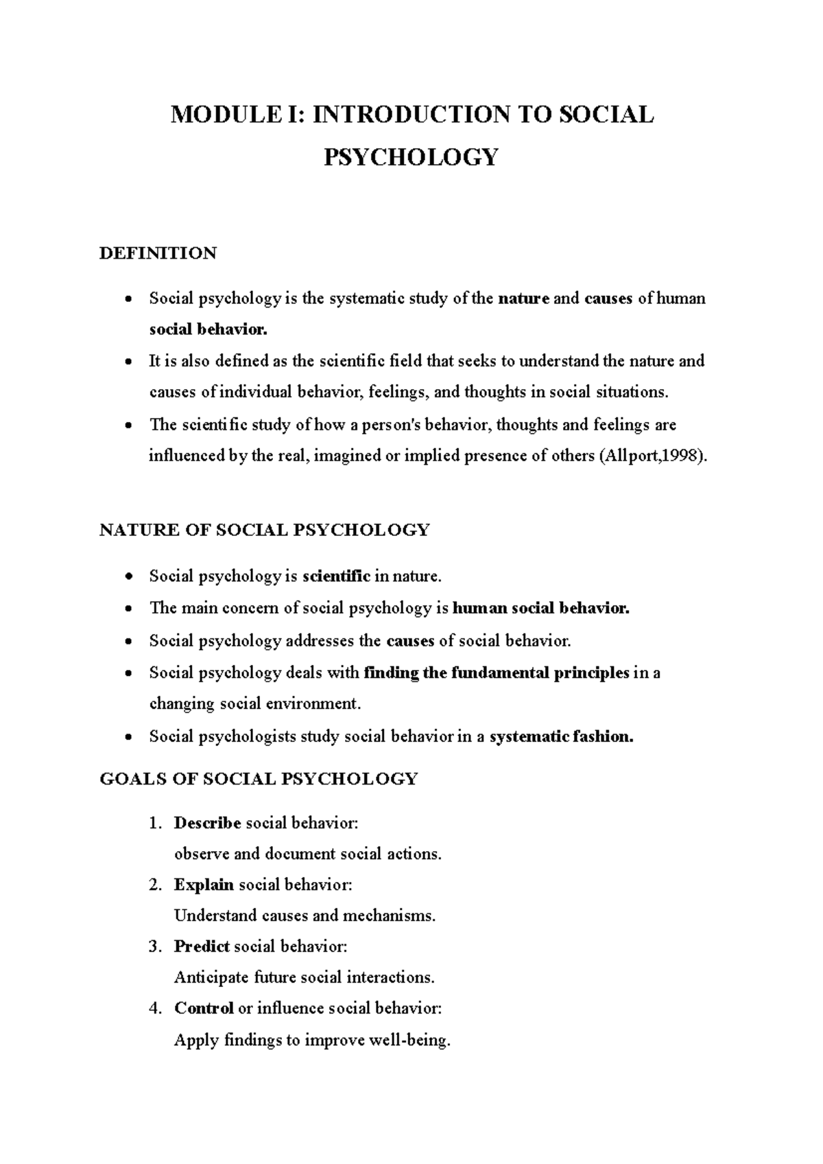 SC PSY MOD 1: Intro to Social Psychology - Key Concepts & Methods - Studocu
