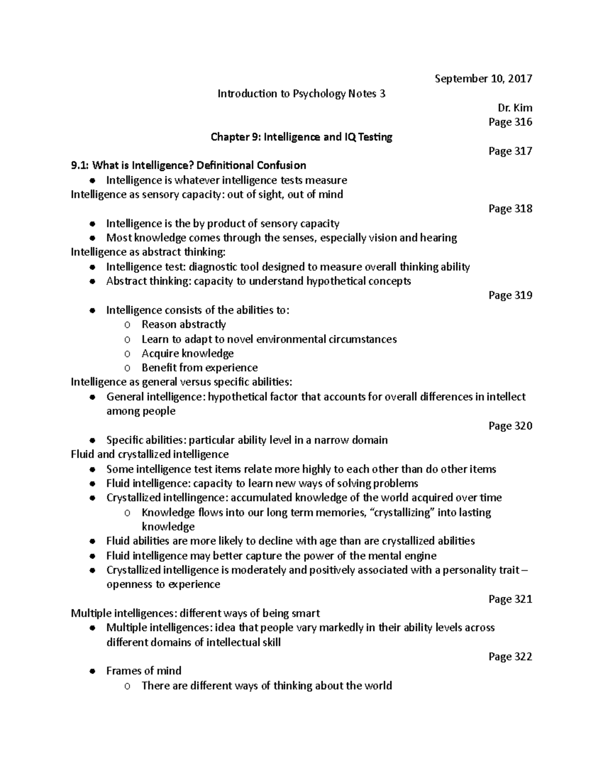 Introduction to Psychology Notes 3 - Kim Page 316 Chapter 9 ...