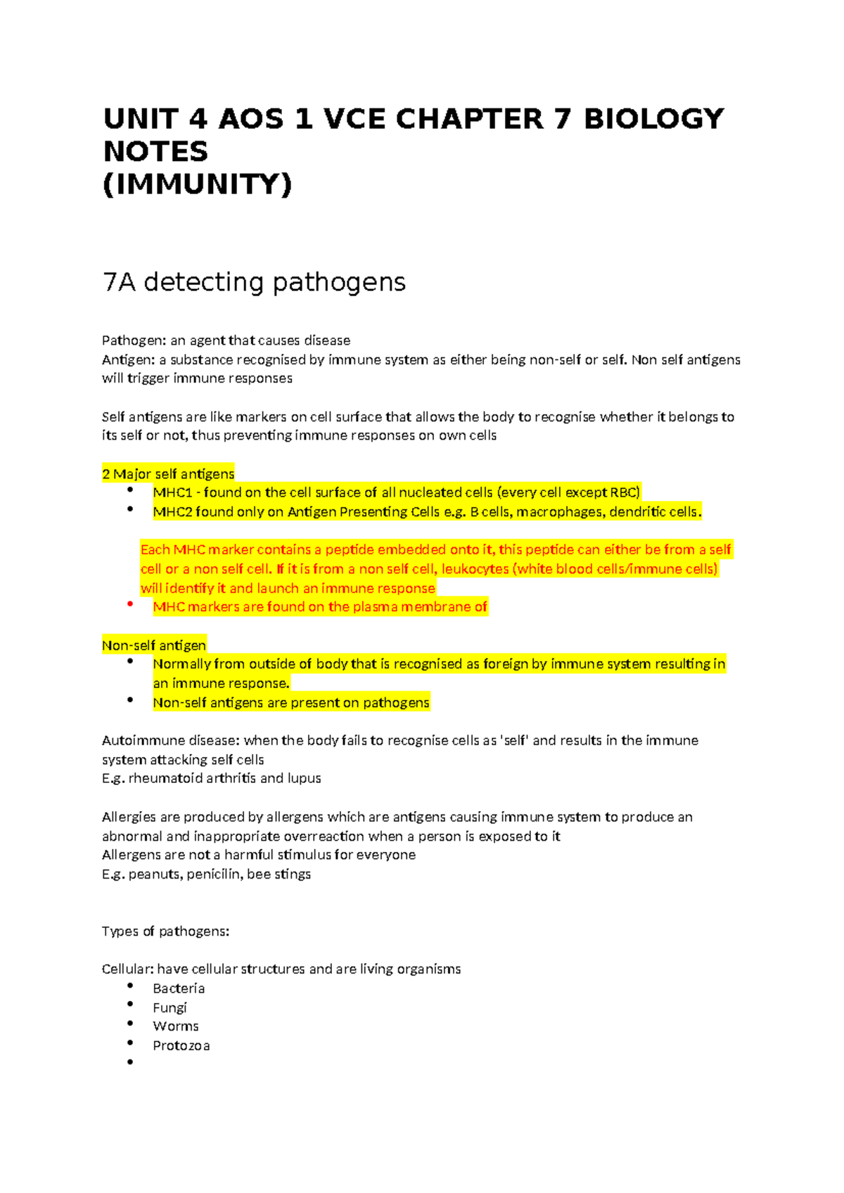 UNIT 4 AOS 1 VCE Chapter 7 Biology Notes: Immunity and Pathogens - Studocu