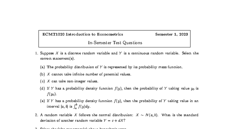 ECMT1020 Midsem Test Questions on Econometrics Concepts 2023 - Studocu