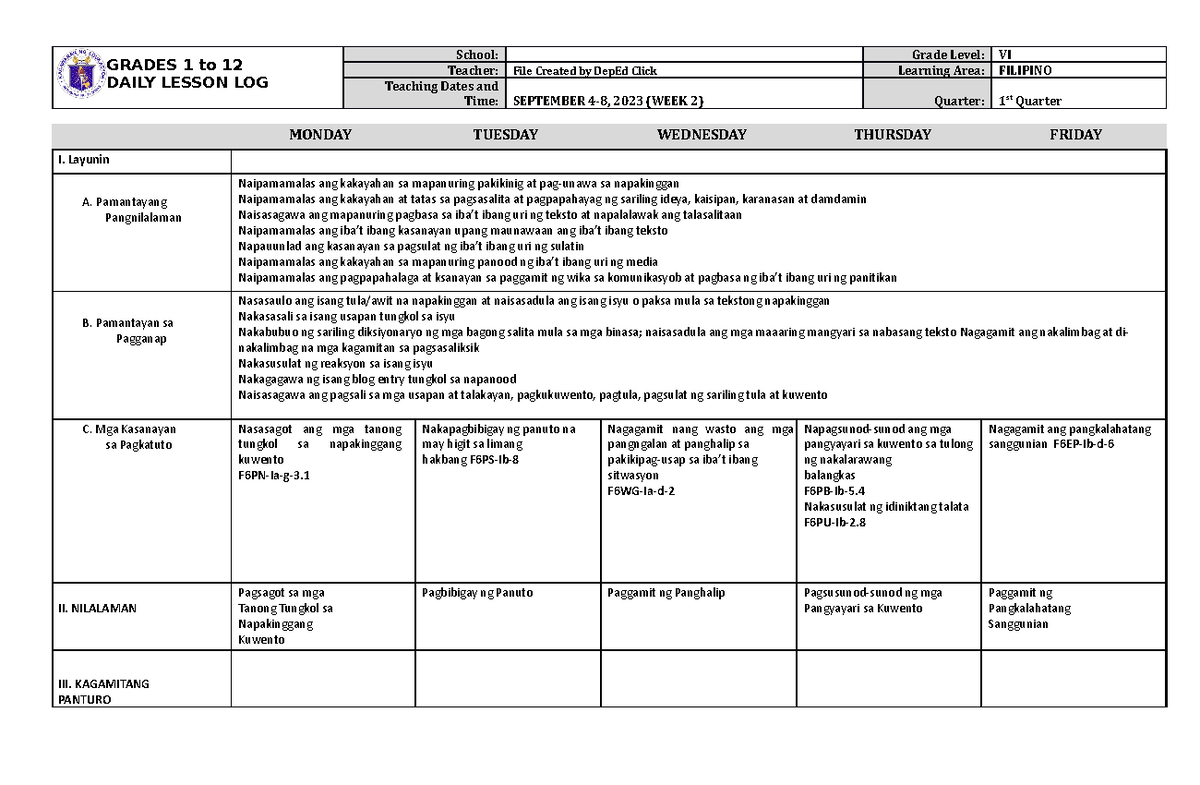 DLL Filipino 6 Q1 W2 - DLL - GRADES 1 to 12 DAILY LESSON LOG School ...