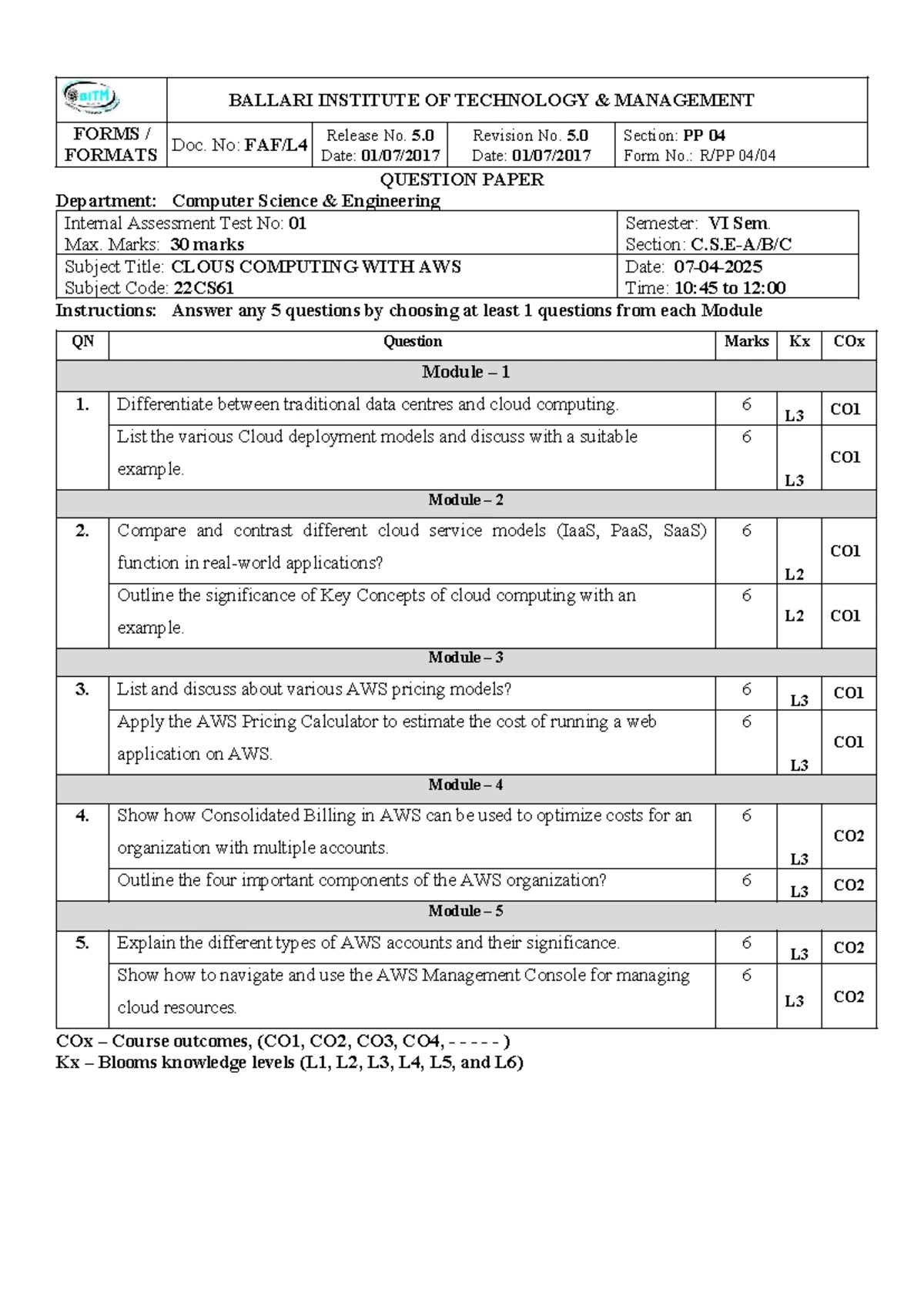 22CS61 VI Sem. Internal Assessment Test 02 - Cloud Computing with AWS ...