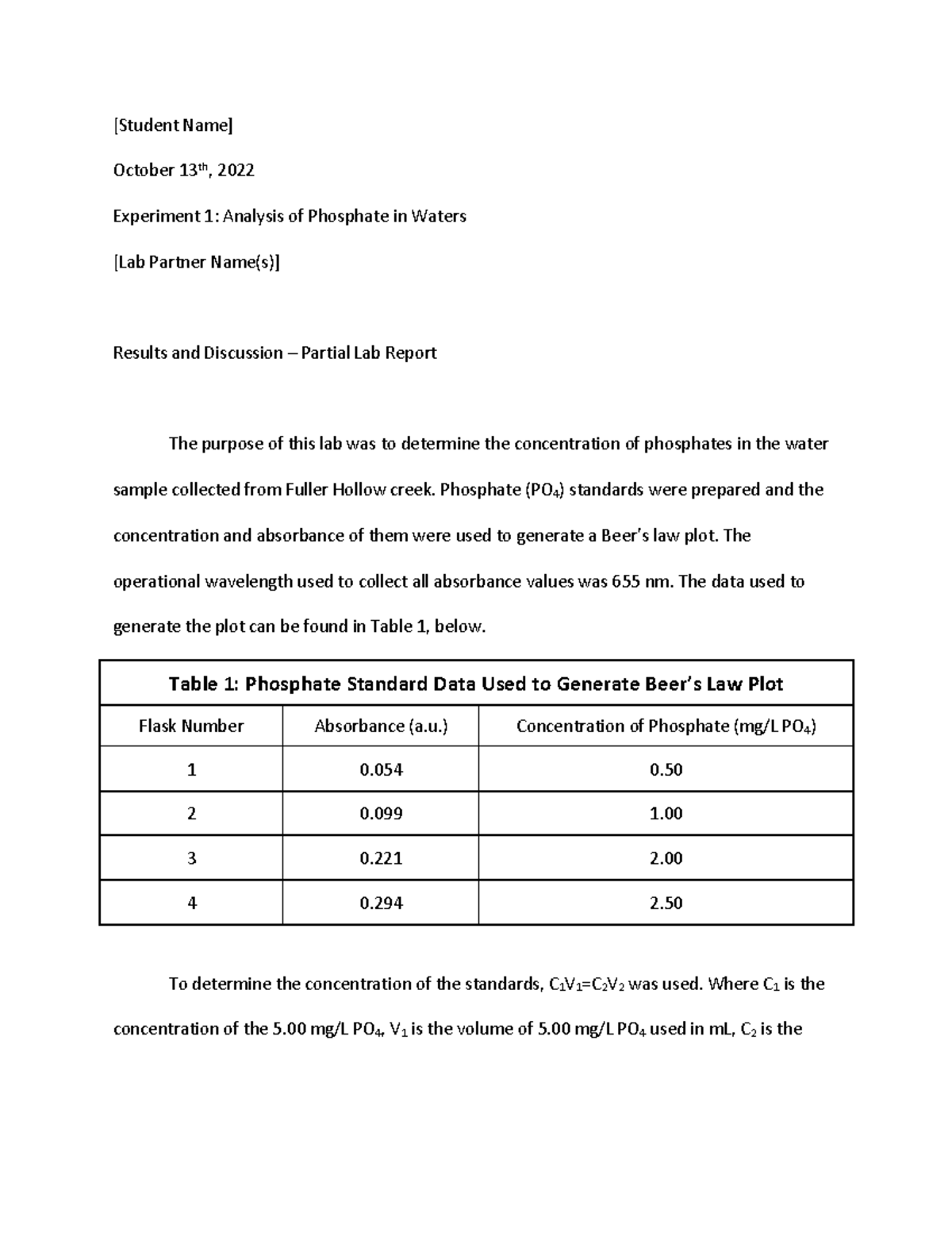 CHEM 107 Lab Report: Phosphate Analysis in Fuller Hollow Creek - Studocu