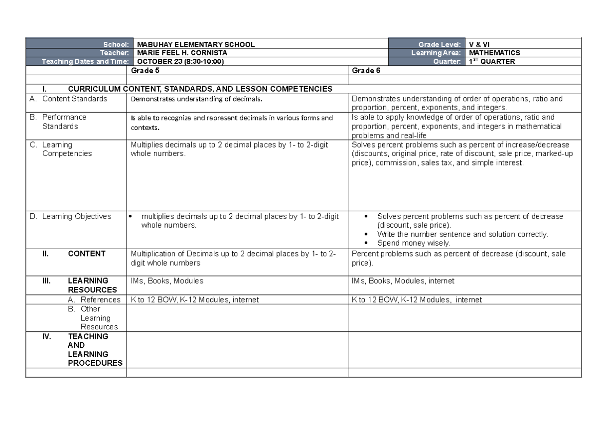 MATH LP: Grade 5 Lesson Plan on Decimals and Percent Problems - Studocu