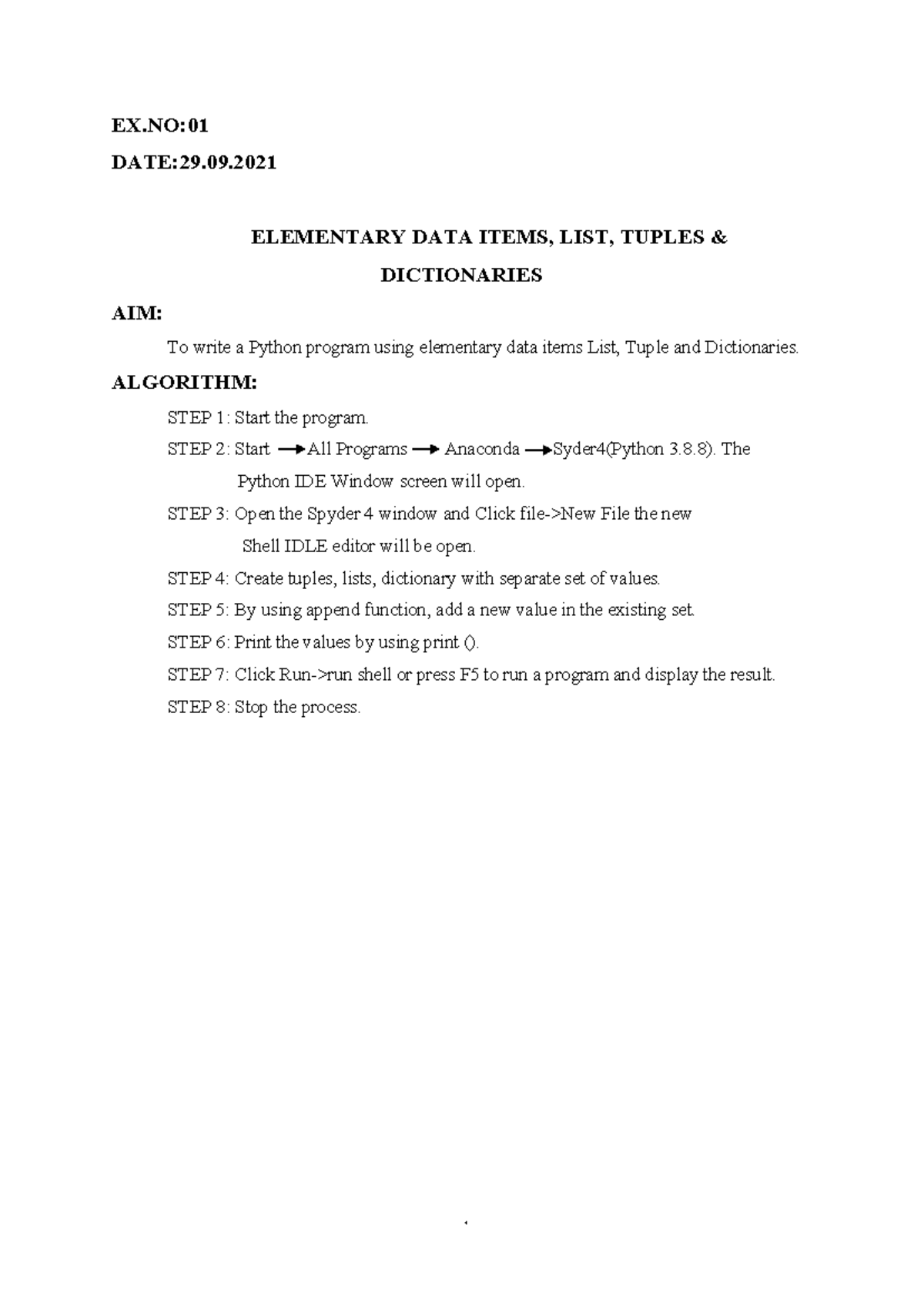 Python Record 15.12.2021 Final - EX: DATE:29. AIM: ELEMENTARY DATA ...