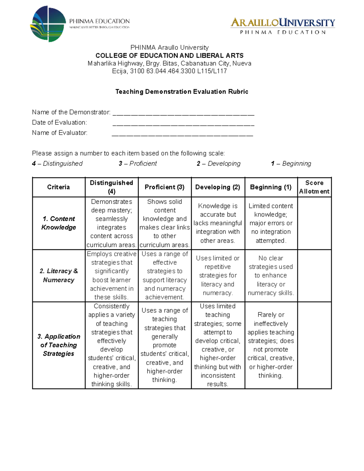 PHINMA Araullo University Teaching Demo Evaluation Rubric - Studocu
