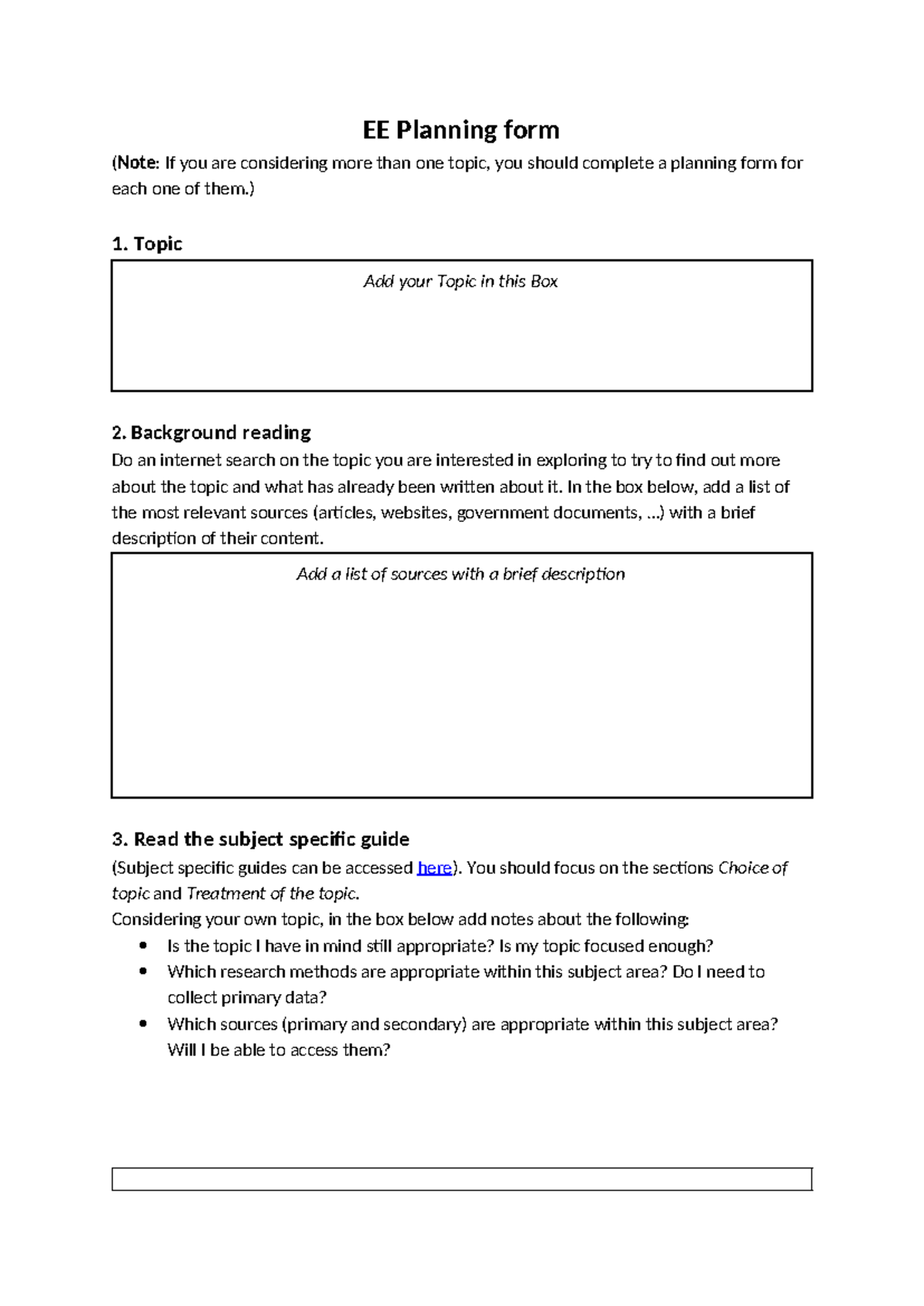 EE Planning Form Guide for Topics Exploration and Research - Studeersnel
