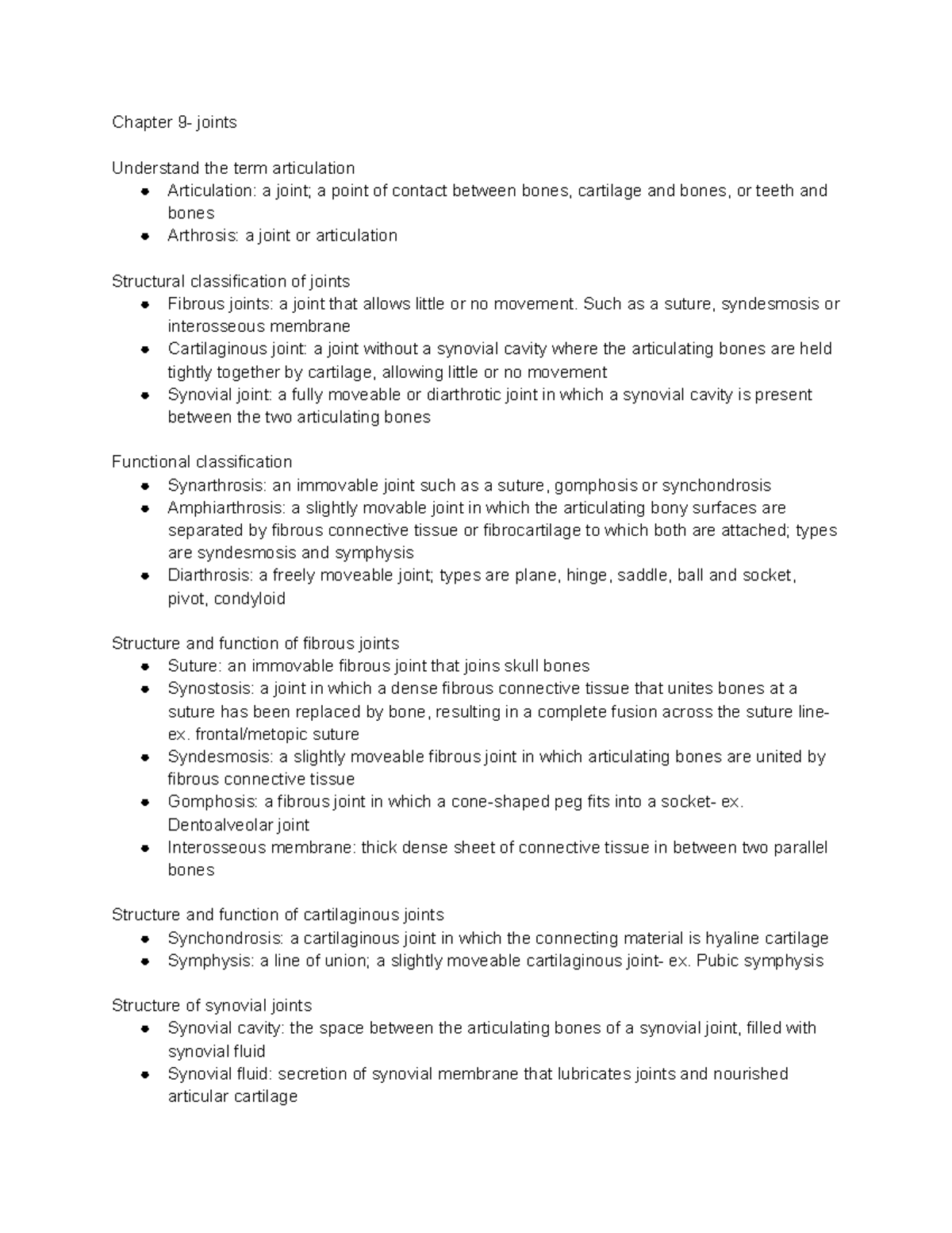 Ch 9 - joints - Chapter 9- joints Understand the term articulation ...