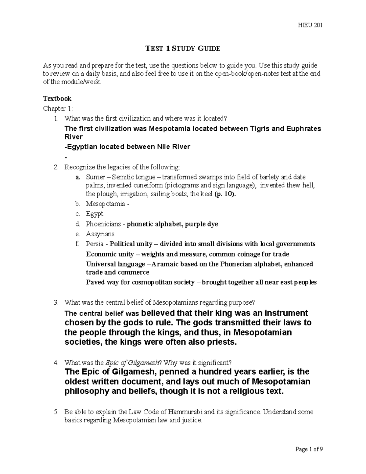 Test 1 Study Guide for Western Civilization (Course Code: HIST101 ...