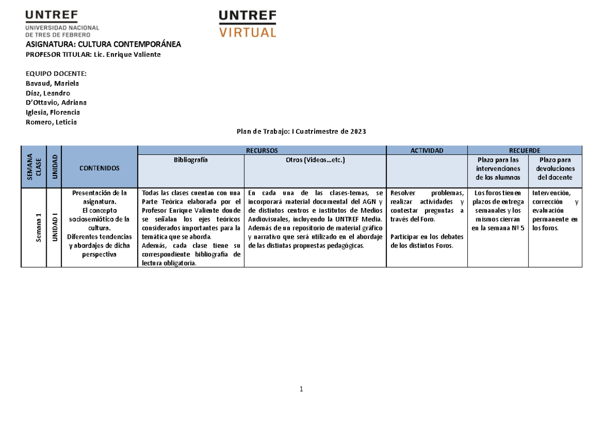 PLAN DE Trabajo Untref Virtual 2023 - ASIGNATURA: CULTURA CONTEMPORÁNEA ...