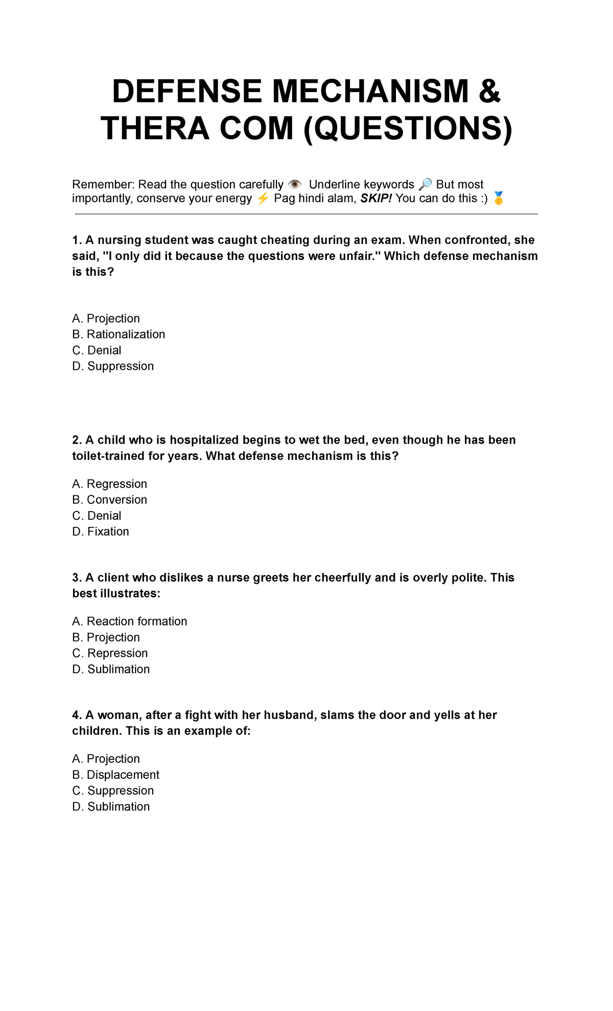 Defense Mechanism THERA COM (Practice Questions & Answers) - Studocu