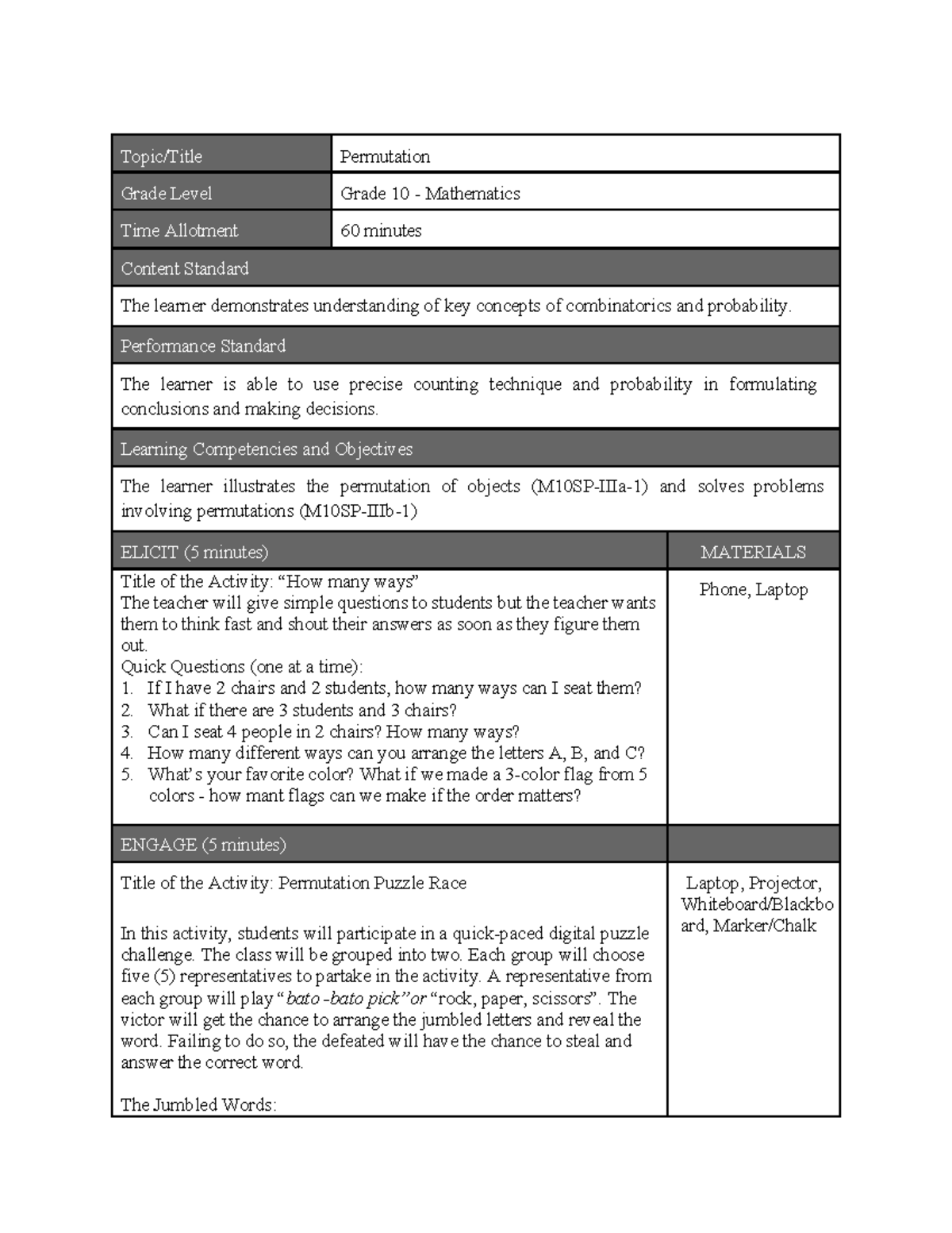 Lesson Plan: Permutations in Grade 10 Math (60 min) - BSEDMT - Studocu