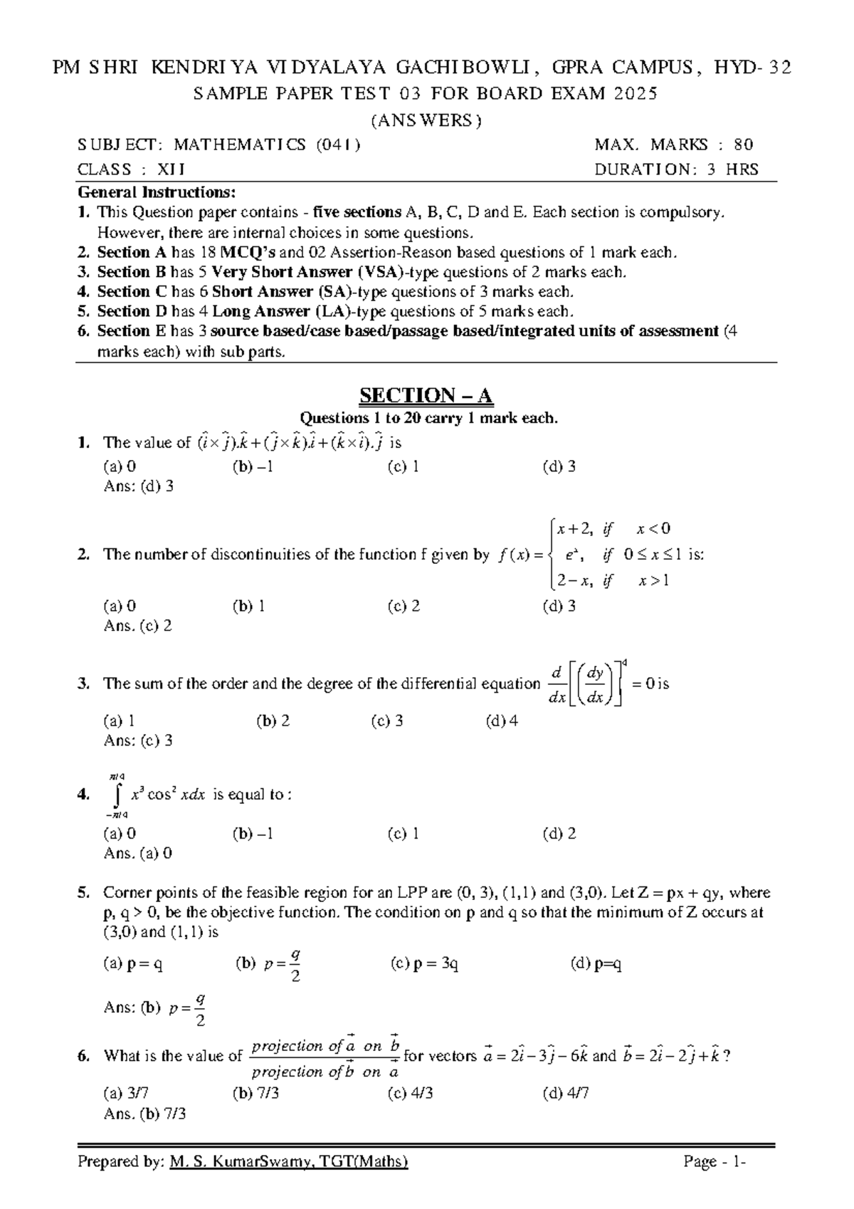 Maths Class XII Sample Paper Test 03 for Board Exam 2025 (Answers ...