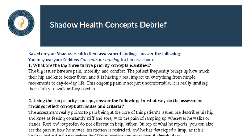 Shadow Health Concepts Debrief: Pain, Mobility, and Comfort Analysis