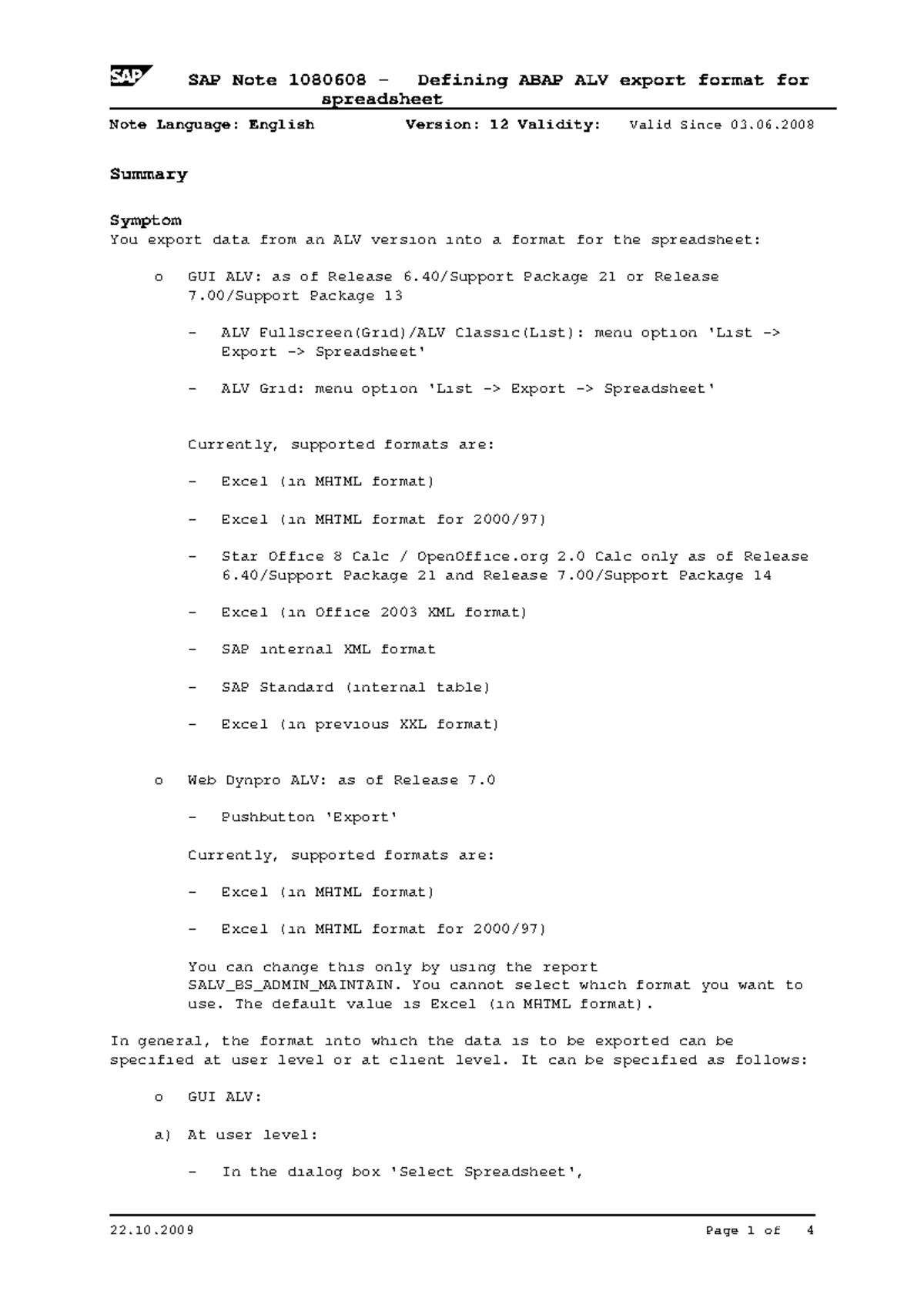 ALV ABAP Shortdump Solution - SAP Note 1080608 Guide - Studocu