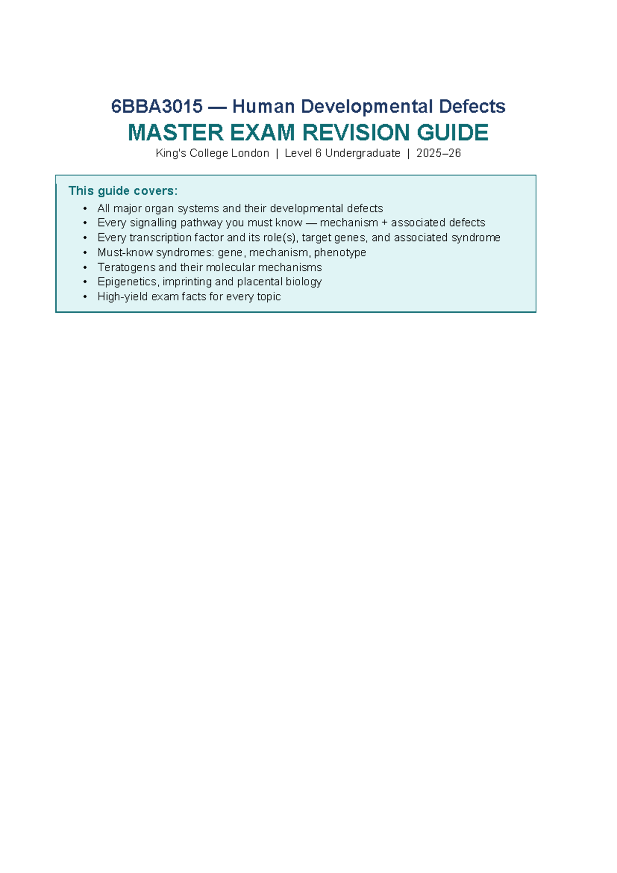 6BBA3015 Human Developmental Defects Master Exam Revision Guide - Studocu