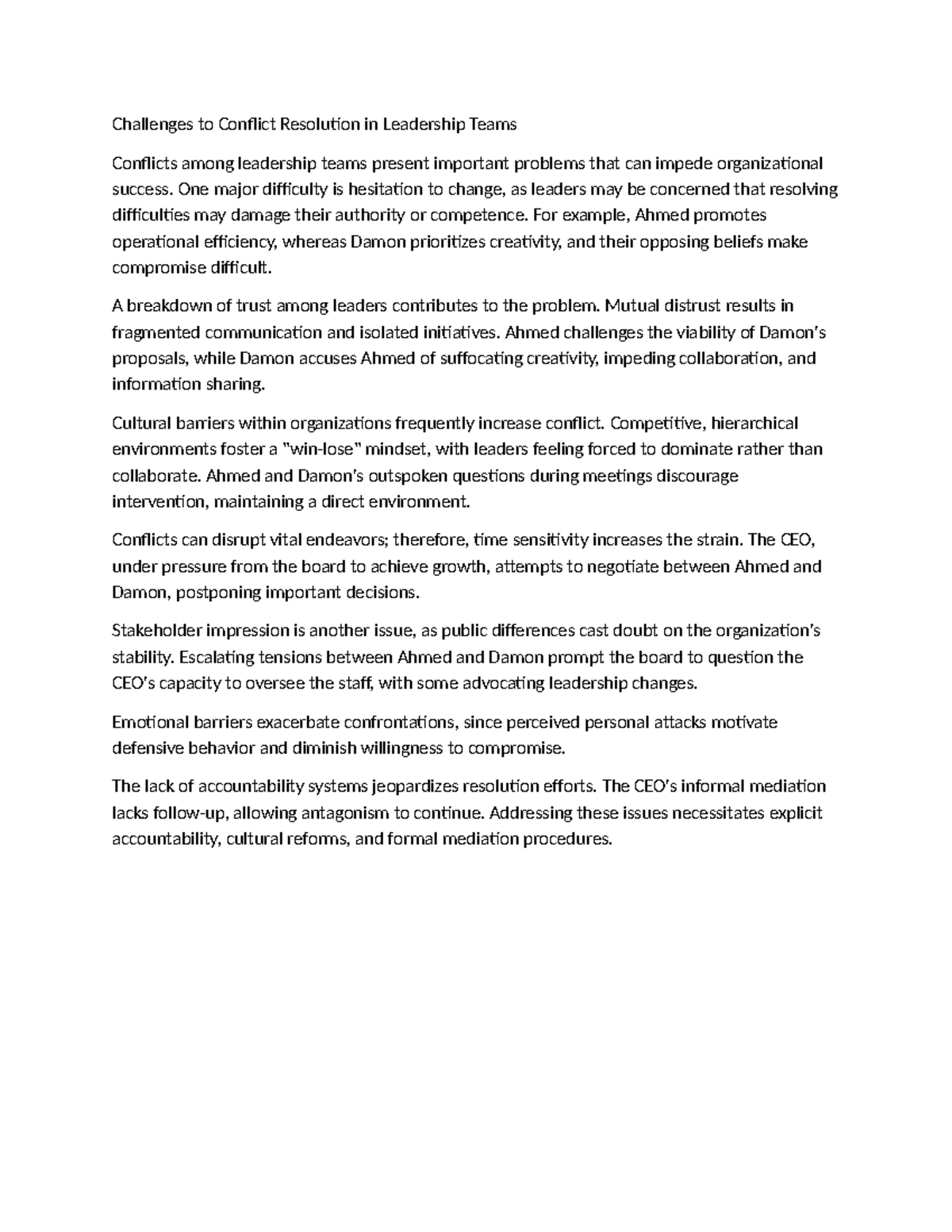 Challenges to Conflict Resolution in Leadership Teams - One major ...