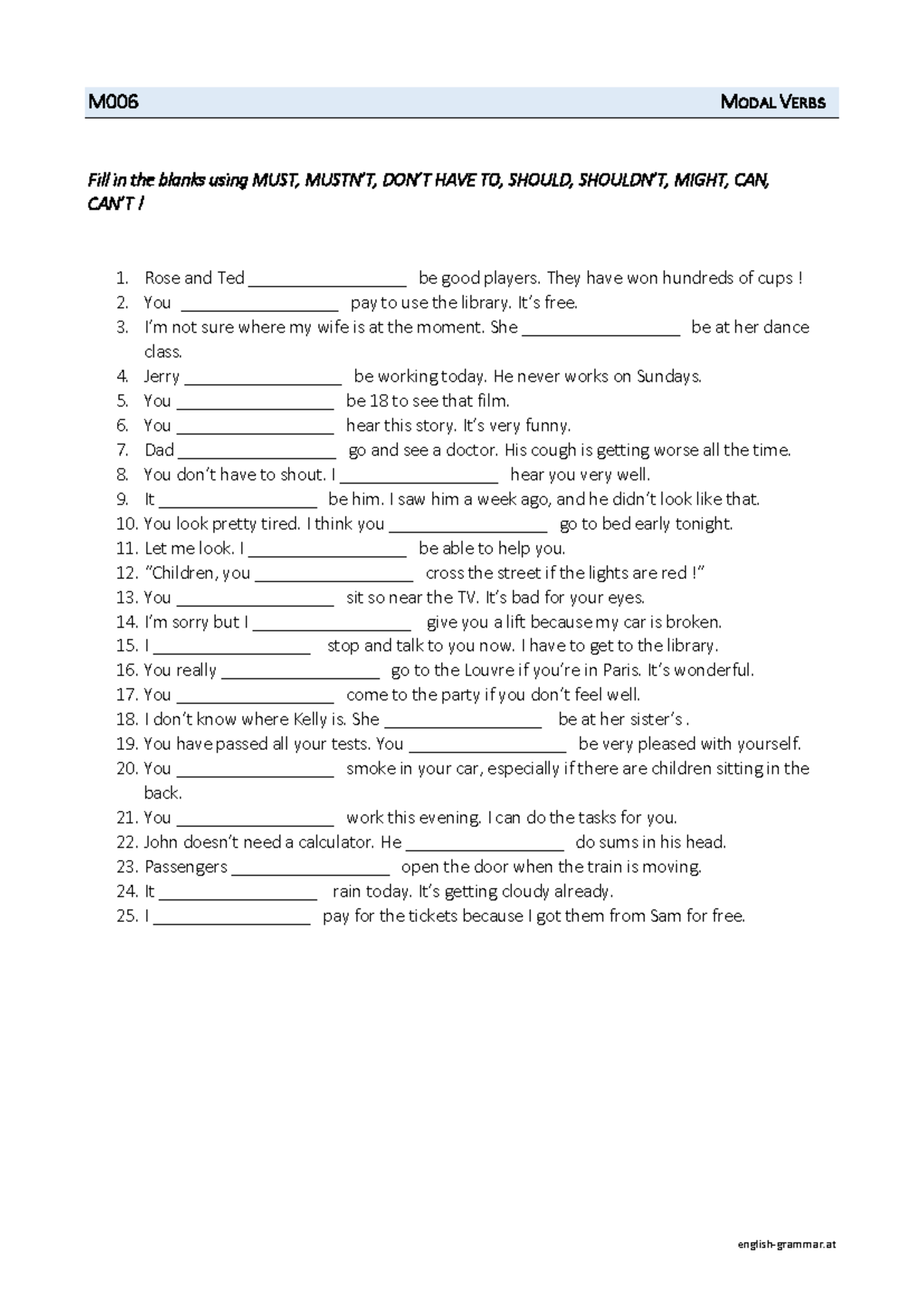 M006 MODAL VERBS Fill in the Blanks Exercise with Answers - Studocu