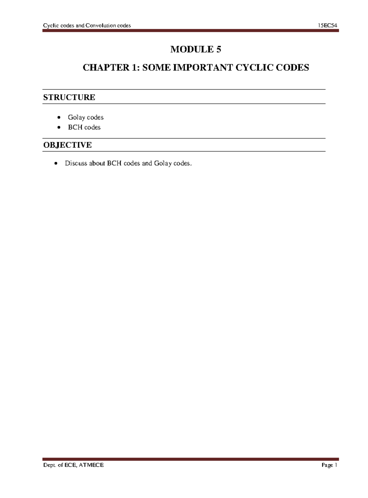 ITC Mod5@Az - Lecture Notes on Cyclic Codes: Golay & BCH Codes - Studocu