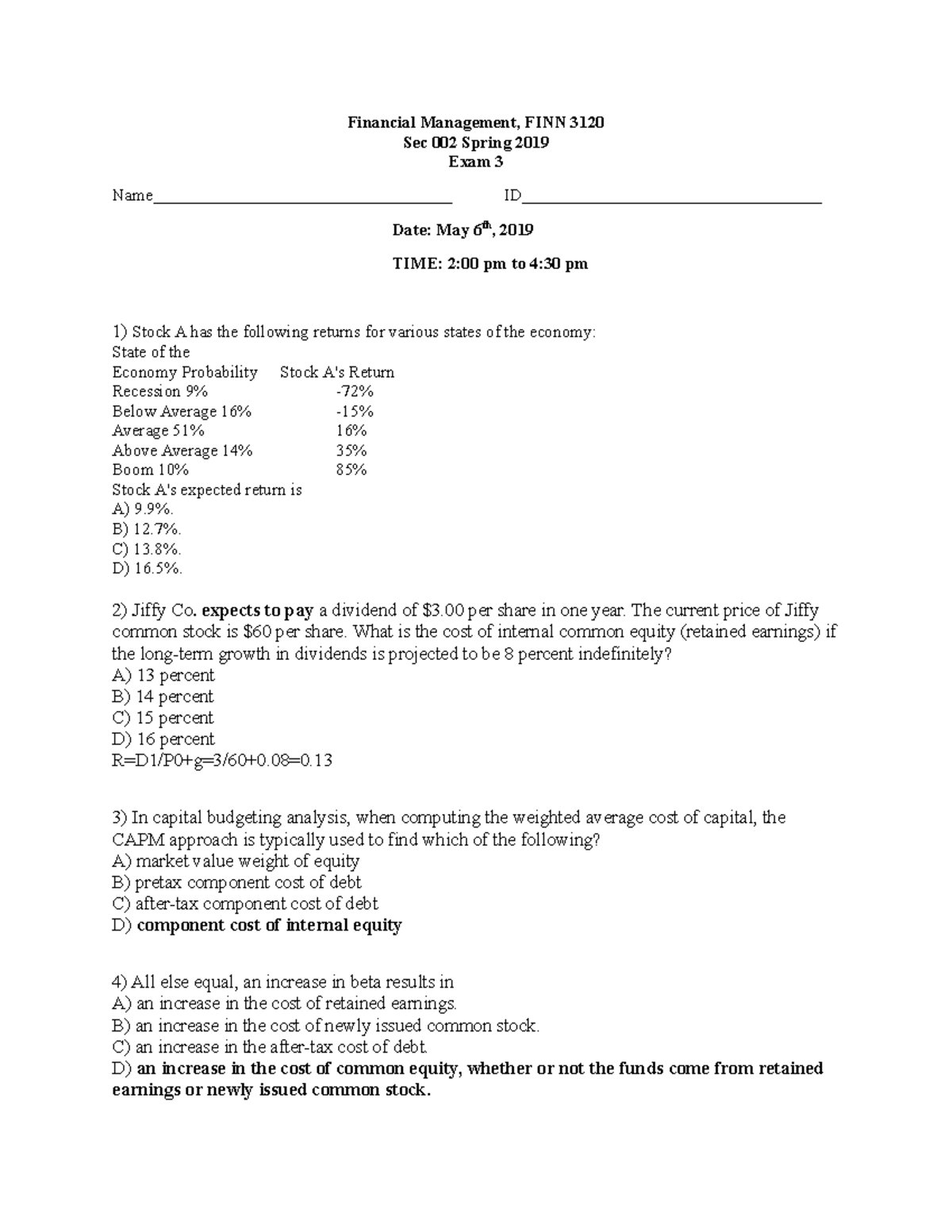 Financial Management Midterm Exam 3 Study Guide (FINN 3120) - Studocu