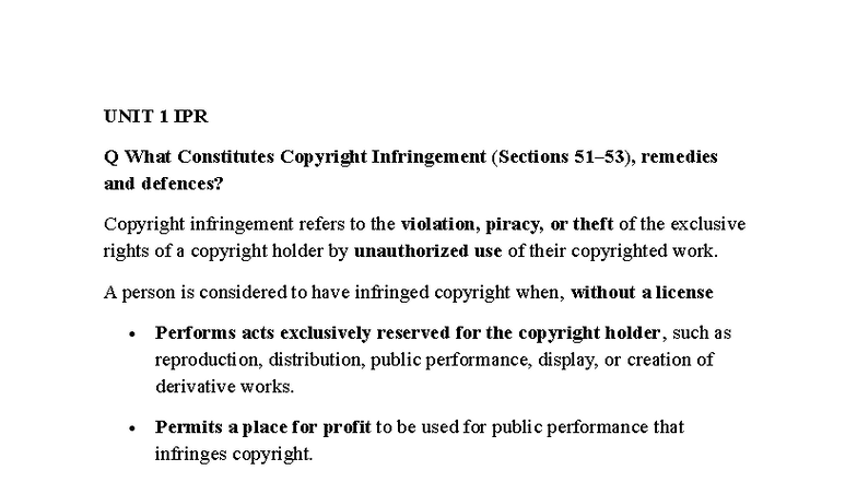 UNIT 1 IPR - Copyright Infringement: Concepts & Remedies - Studocu