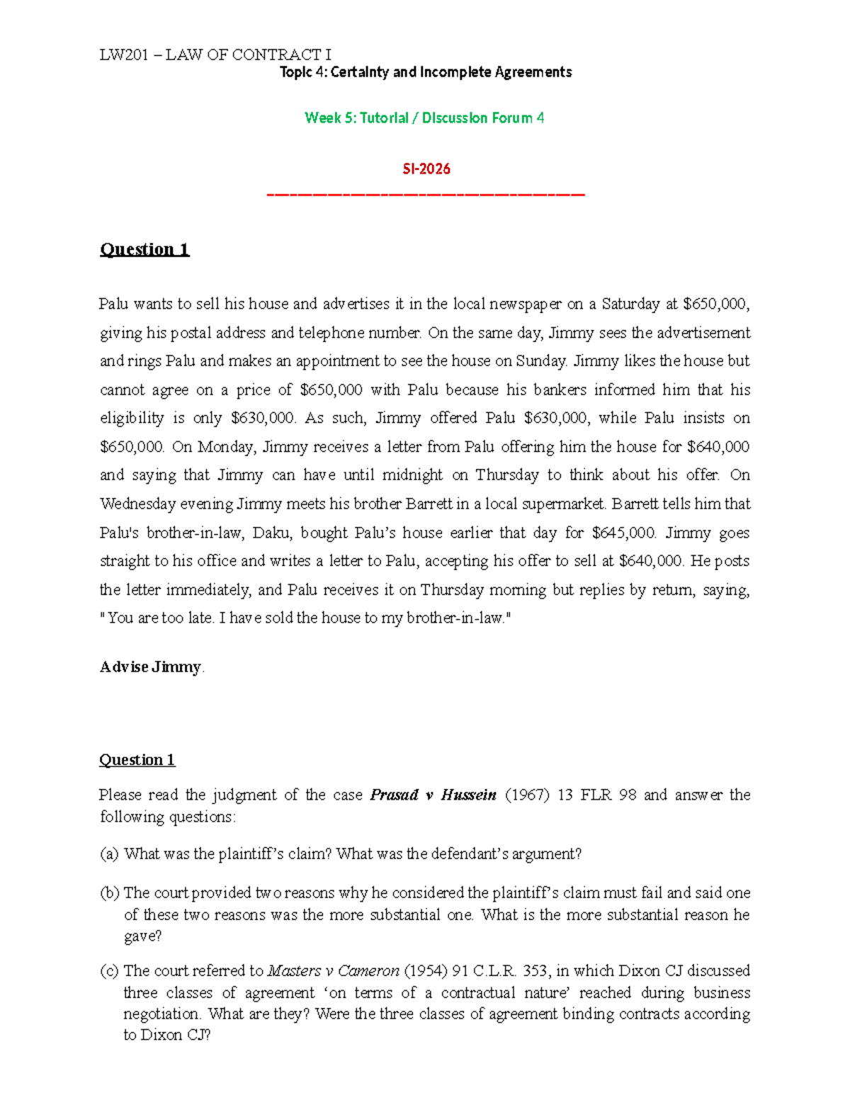 LW201 LAW OF CONTRACT I: Week 5 Tutorial on Certainty & Incomplete ...