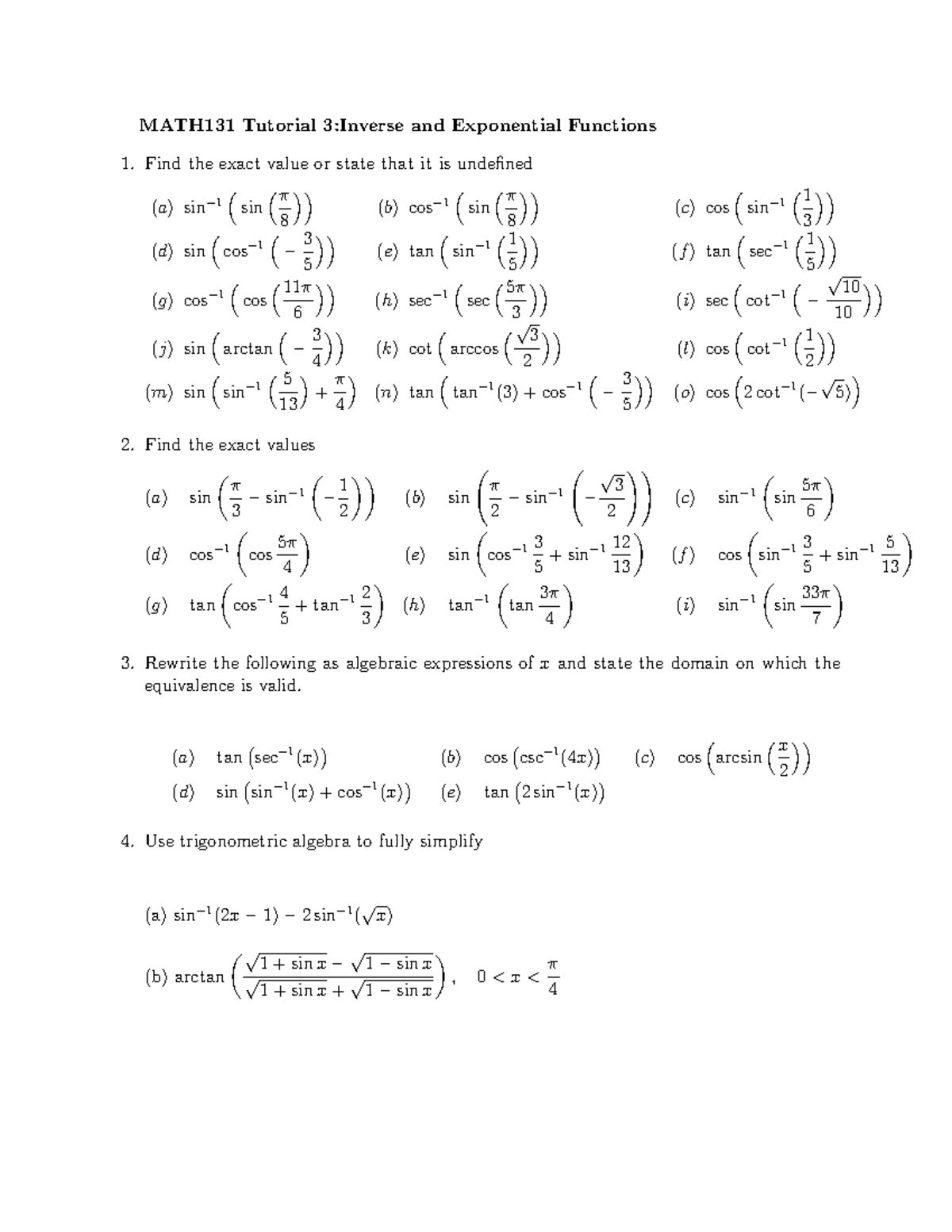 MATH131 Tutorial 3: Inverse & Exponential Functions Guide 2025 - Studocu