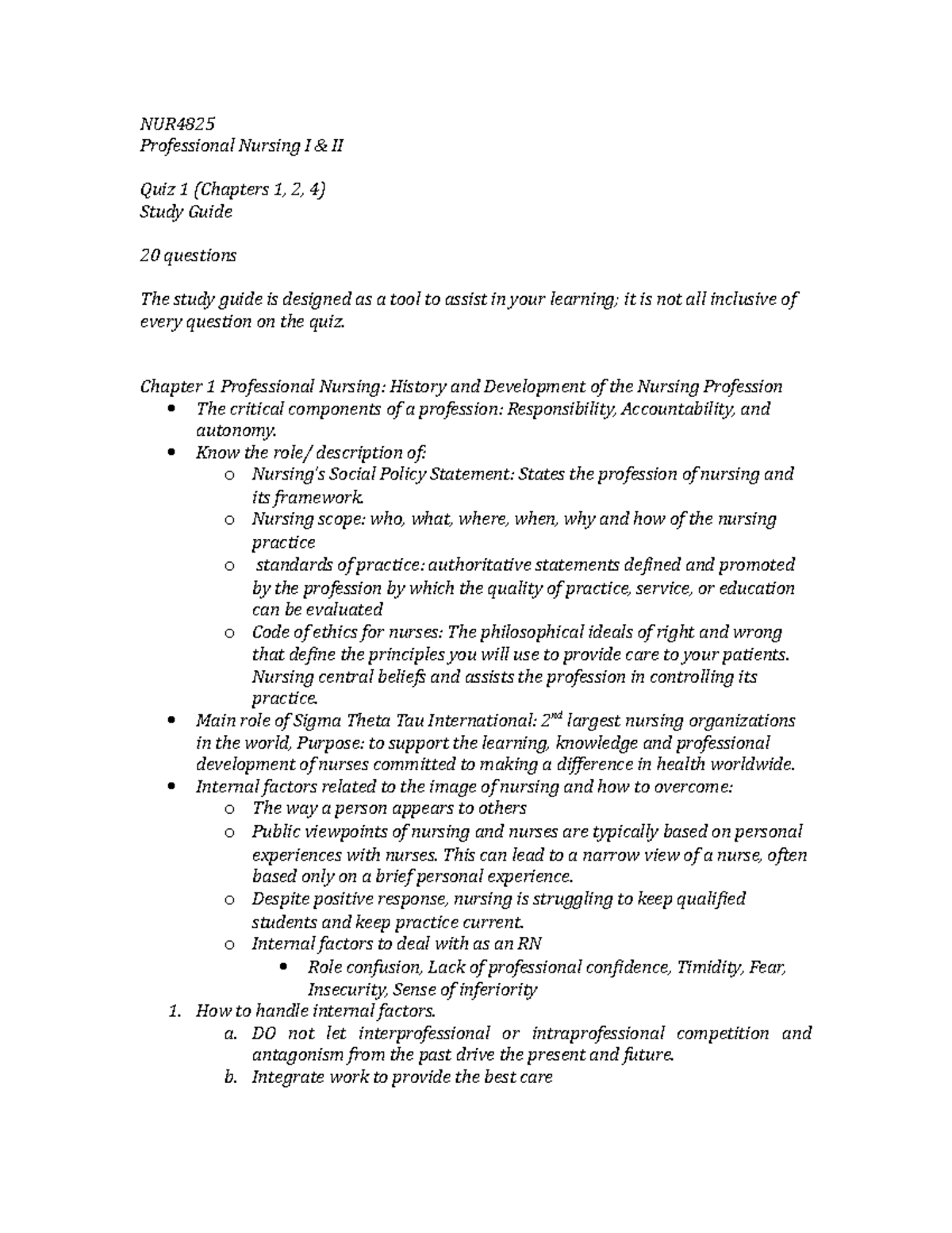 NUR 101: Quiz 1 Study Guide for Professional Nursing I & II - Studocu