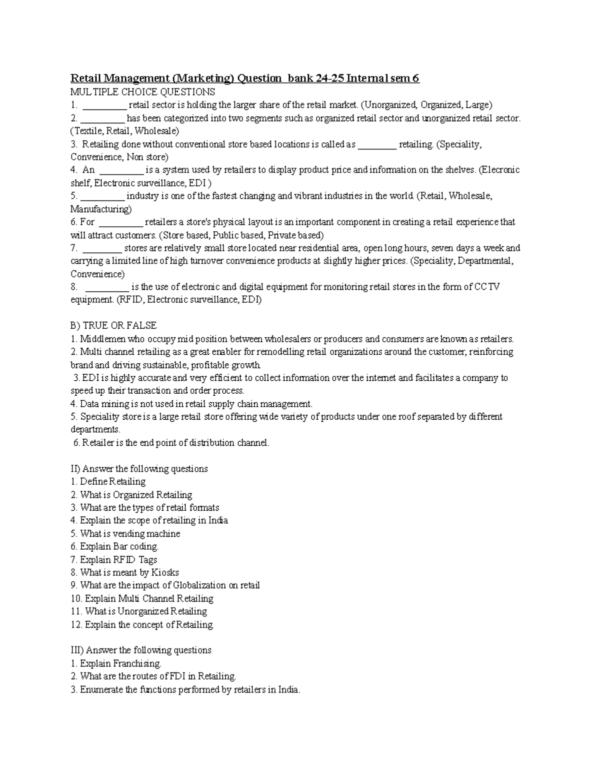 Retail Management 24-25 - Tybms (Marketing) Internal Question Bank ...