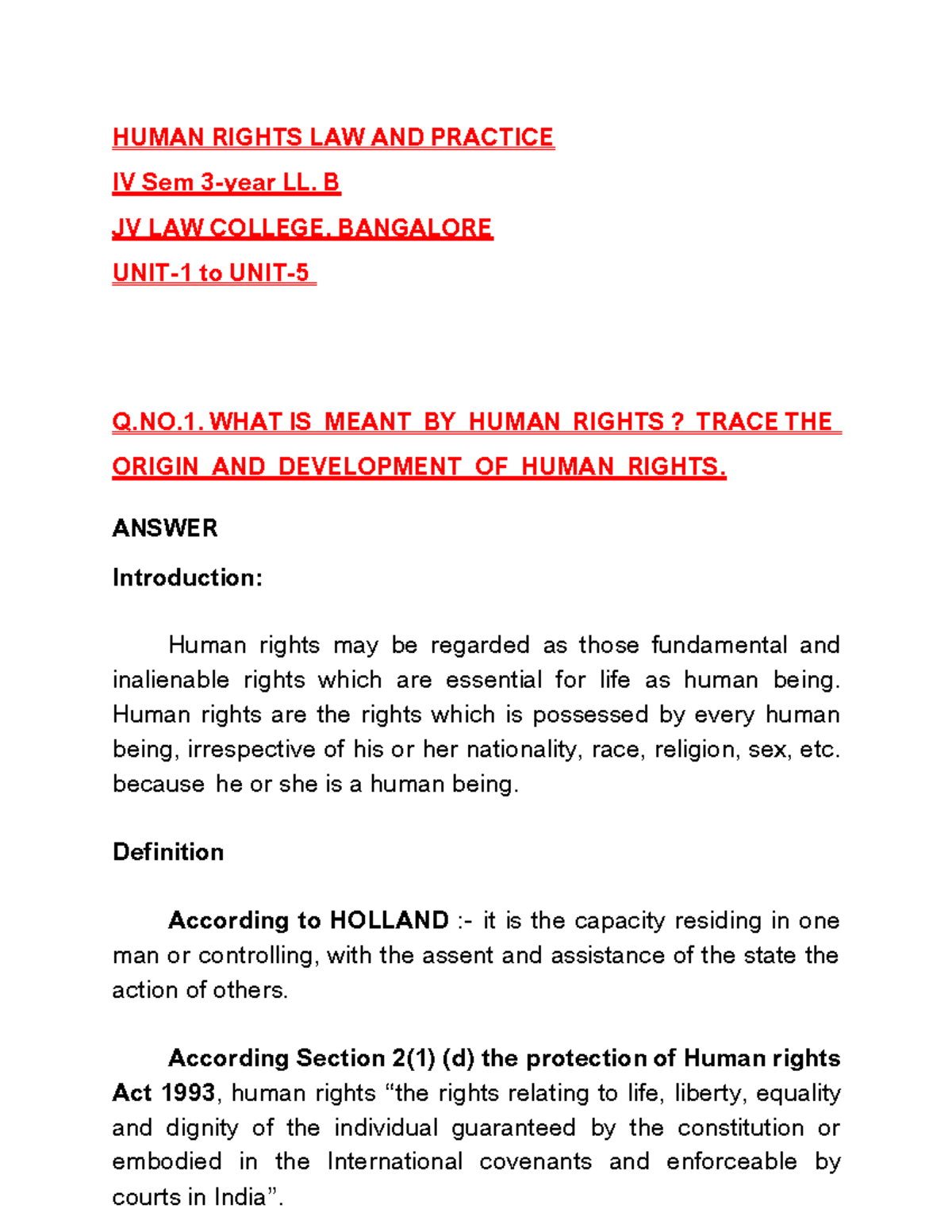 Human Rights Law and Practice: Unit 1 to 5 Overview for IV Sem LL.B ...