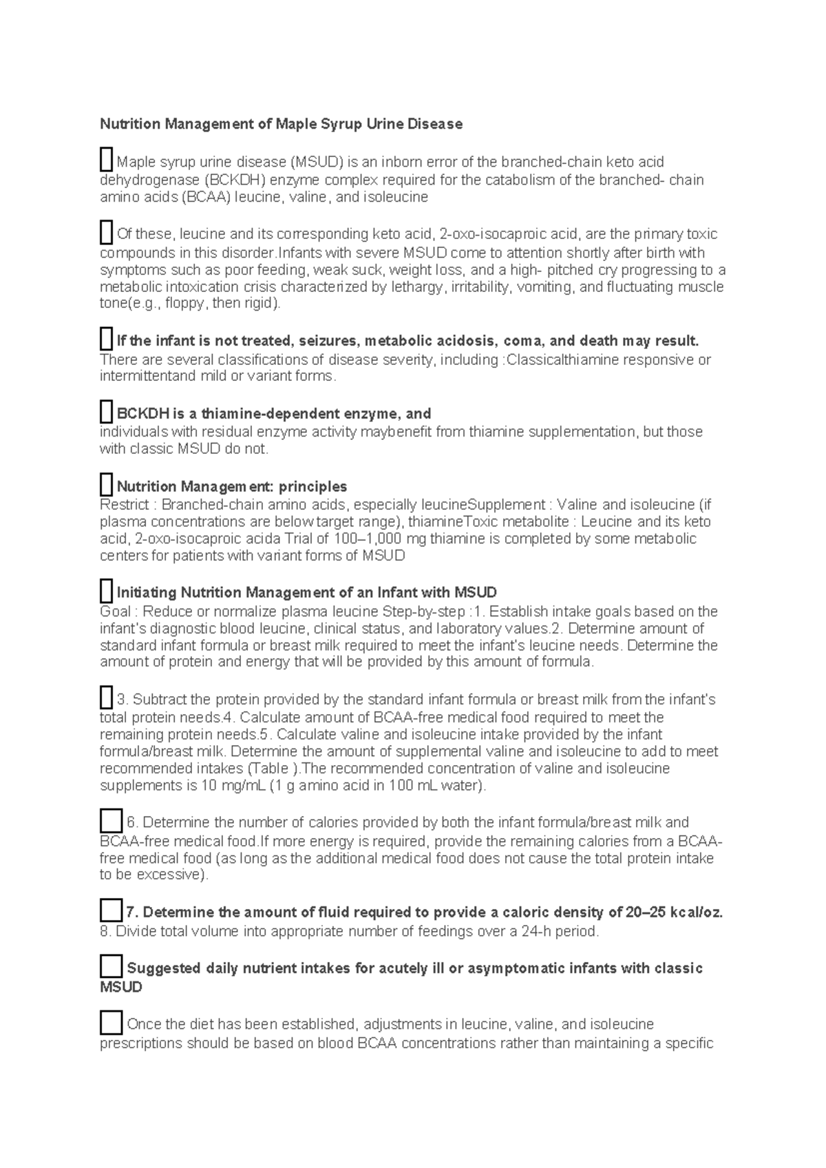 Nutrition Management of Maple Syrup Urine Disease: Lecture Notes - Studocu