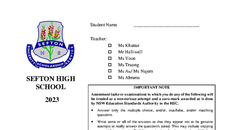 2023 HSC Mathematics Advanced Task 1 Exam Paper - Studocu