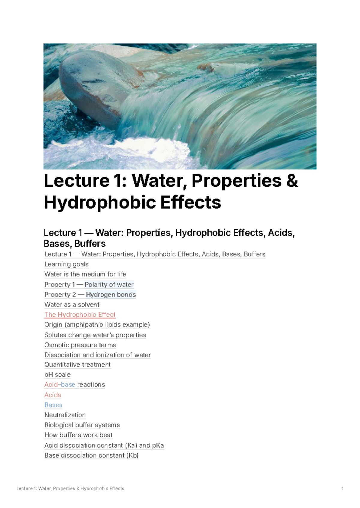 Lecture 1: Water Properties & Hydrophobic Effects Overview - Studocu
