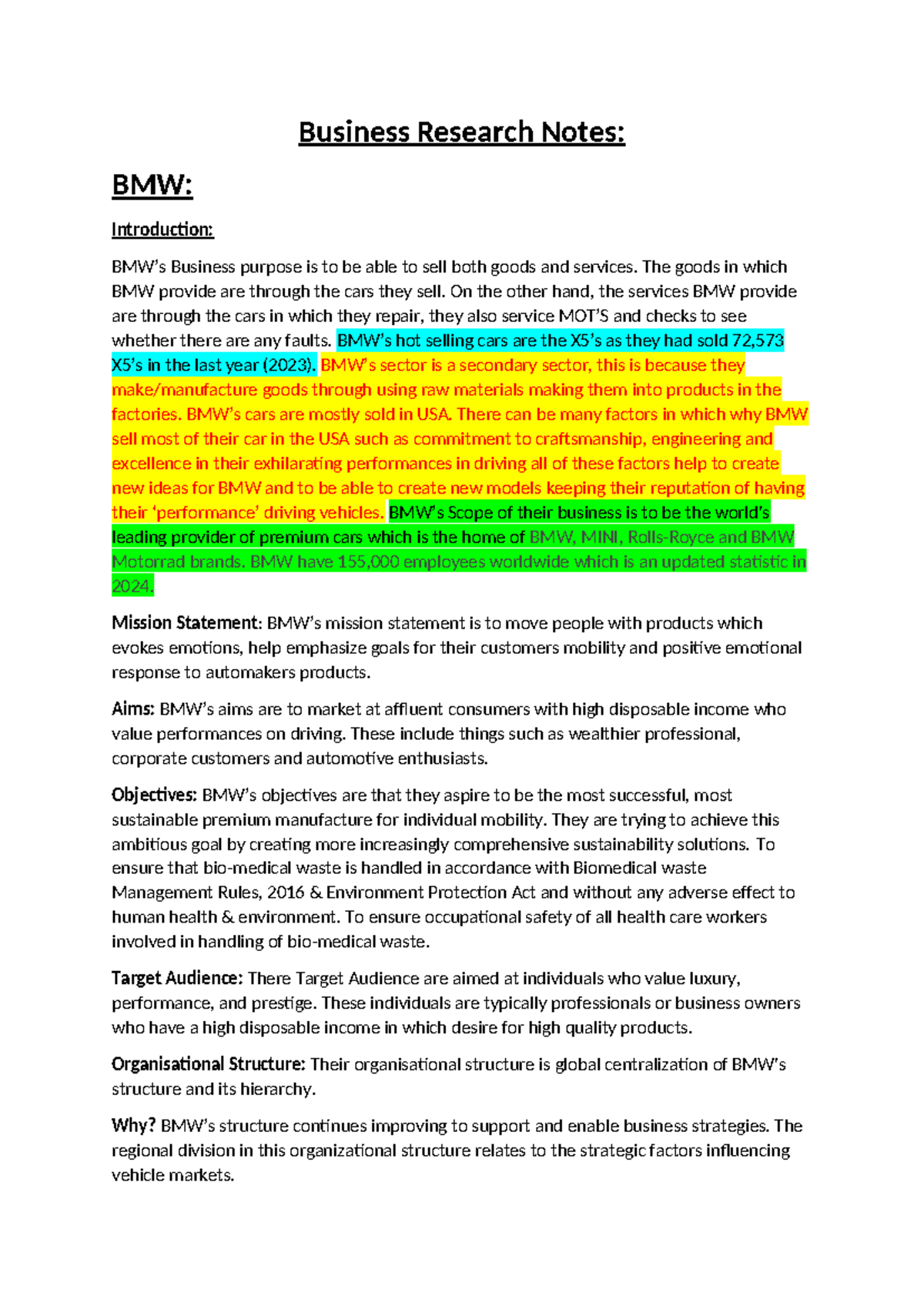 Business Research Notes: BMW Overview and Strategic Insights (A Levels ...