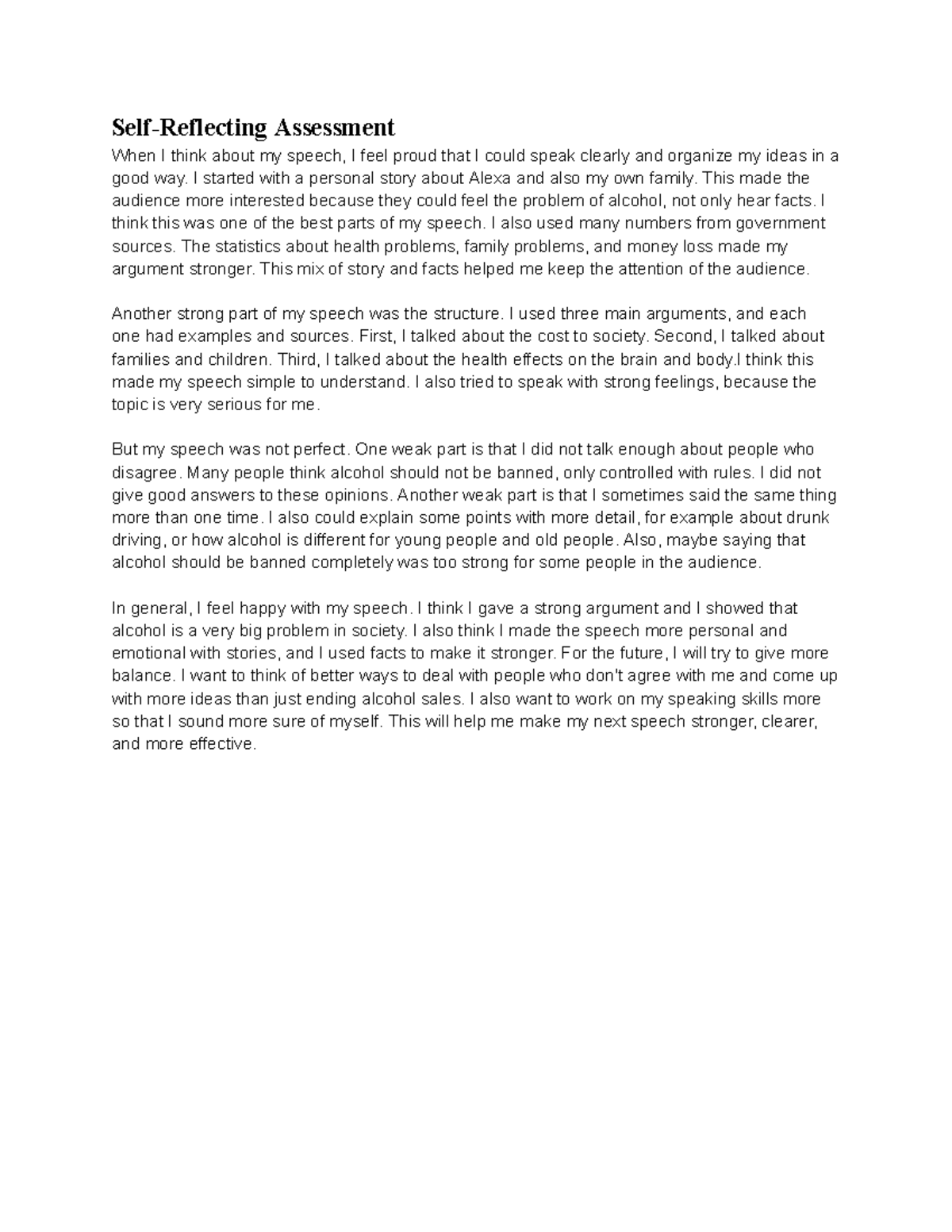 English Assignment: Reflections on My Speech - FFFA - Studeersnel