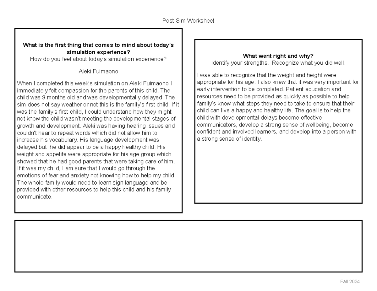 SIM Reflection: Aleki Fuimaono - Fall 2024 Experience Insights - Studocu