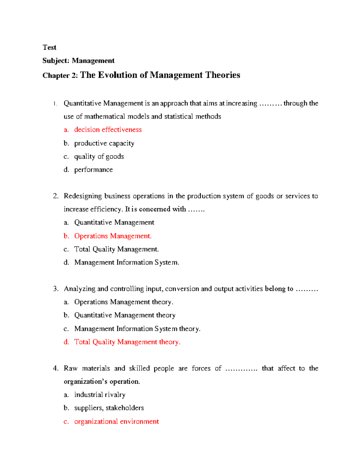 Management Chapter 2: Evolution of Theories - Test (LKMM) - Studocu