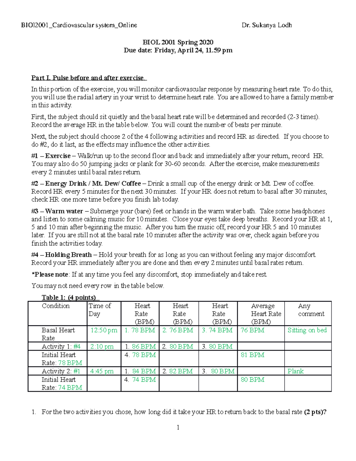 BIOL 2001 Cardiovascular Lab Report: Heart Rate Responses Analysis ...