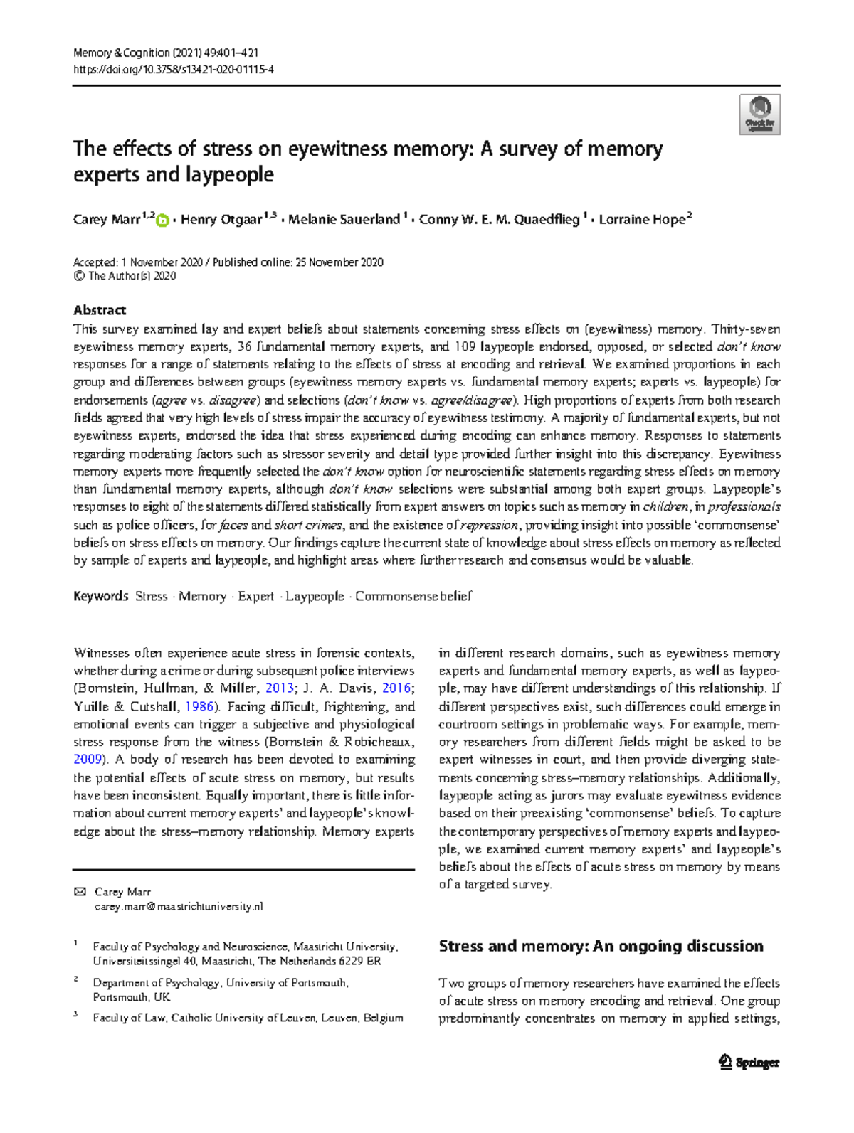 Effects of Acute Stress on Eyewitness Memory: Insights & Survey ...