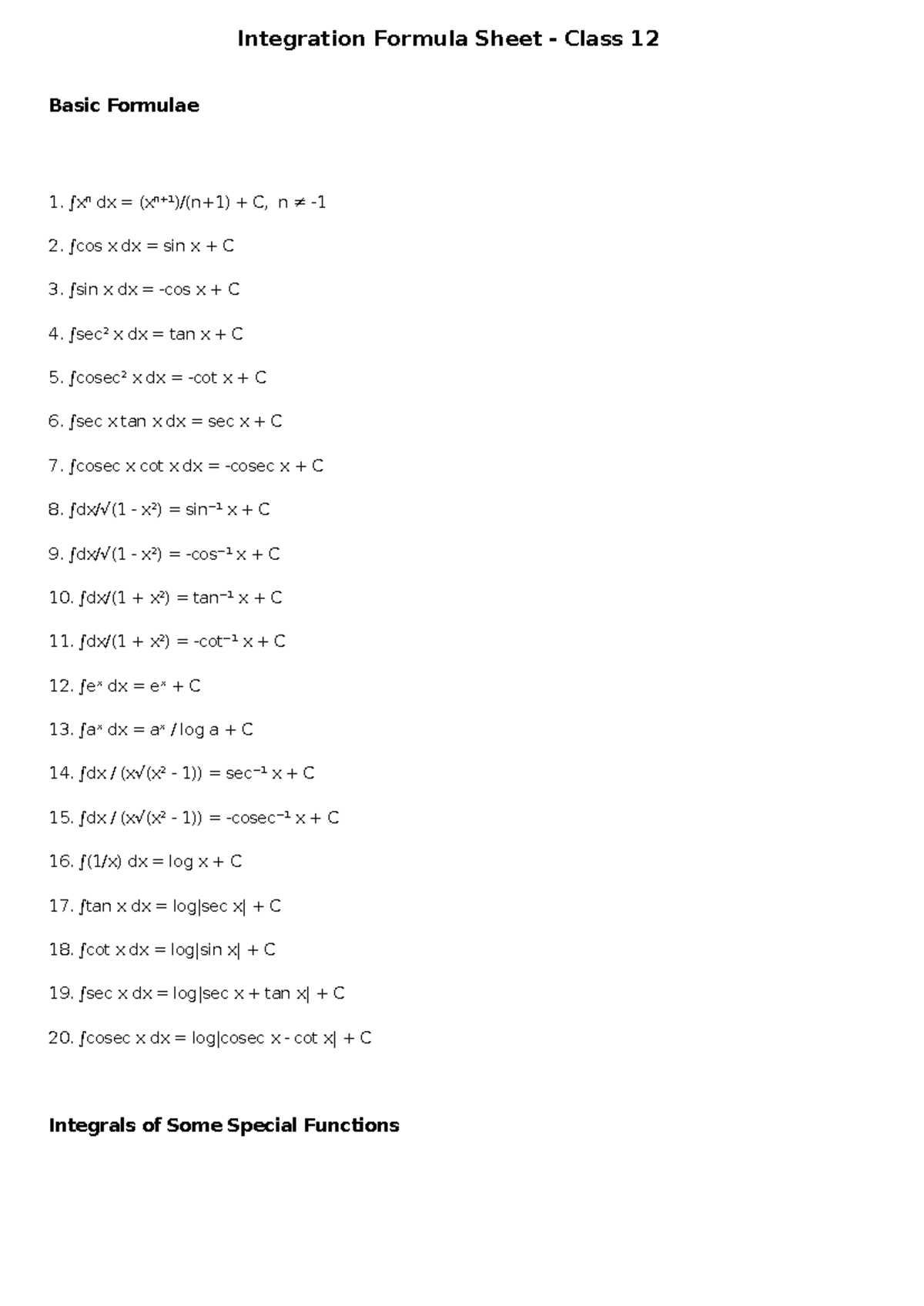 Integration Formula Sheet Class 12 - Teachoo for Easy Reference - Studocu