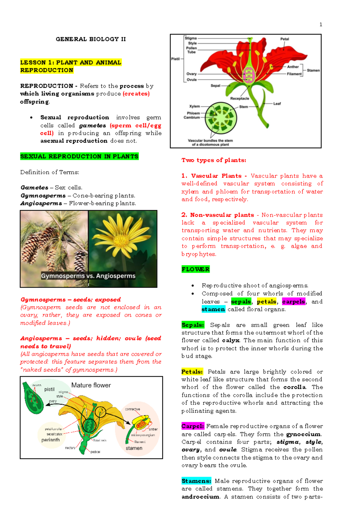 General Biology II: Lesson Notes on Plant and Animal Reproduction - Studocu