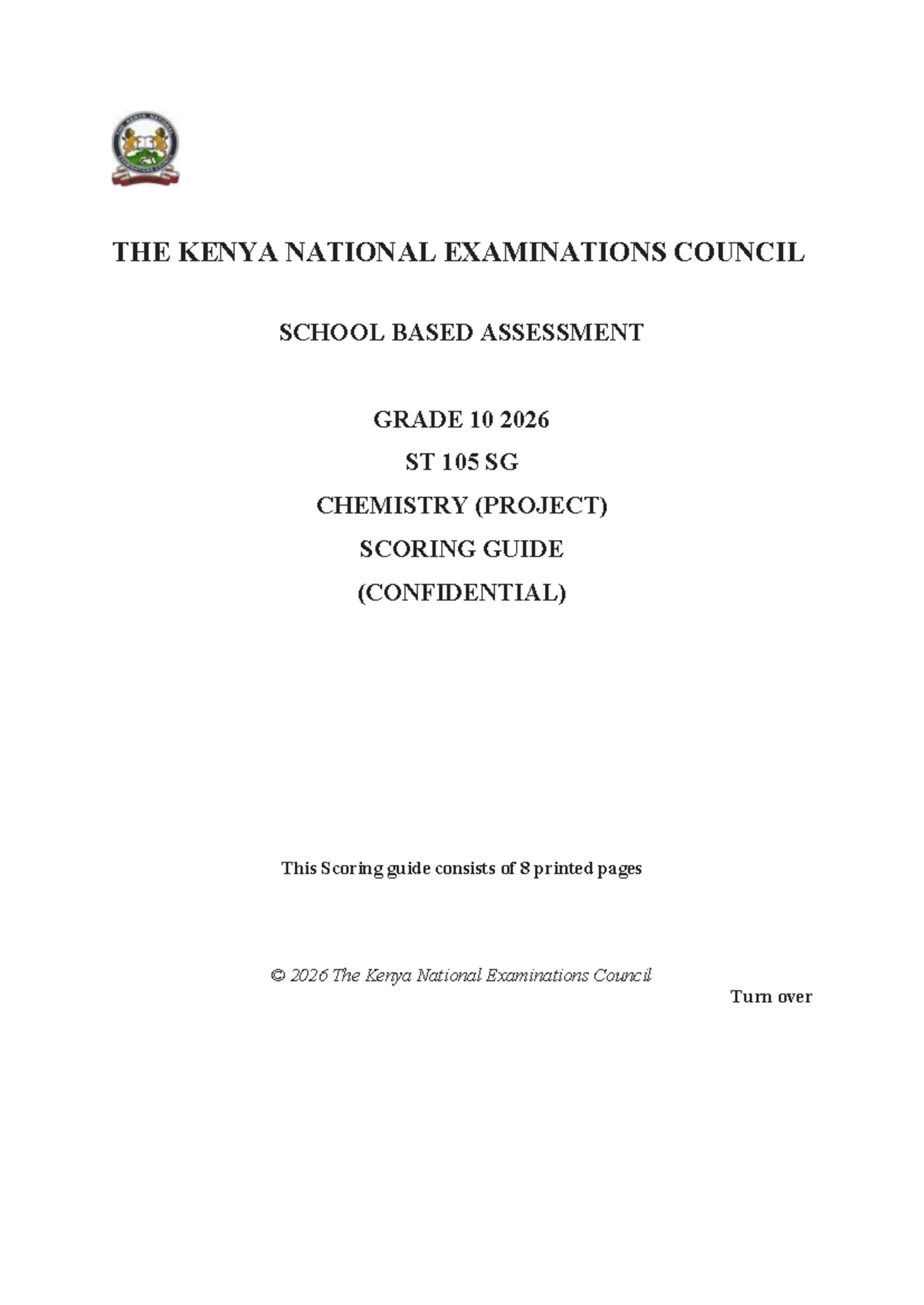 Kenya National Examinations Council 2026 Grade 10 Chemistry SBA Project ...