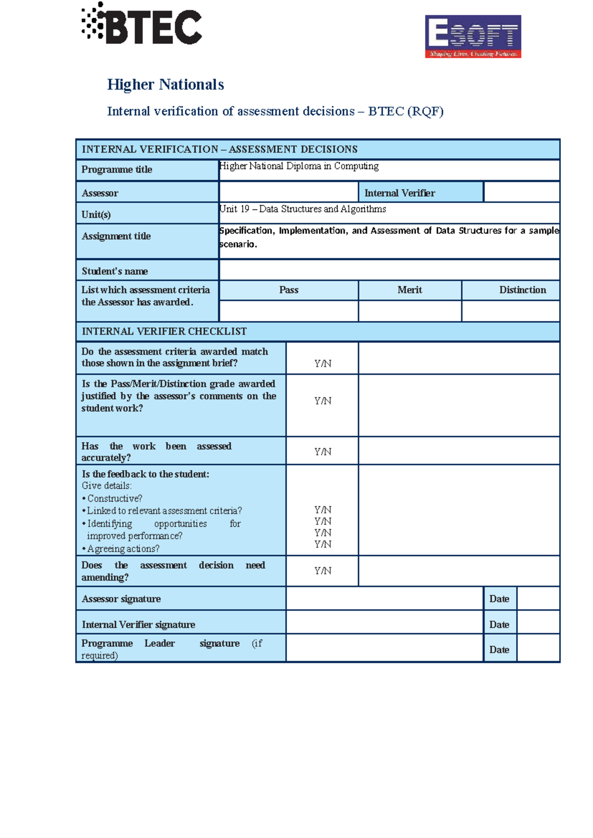 BTEC HND Computing Unit 19: Data Structures & Algorithms Assessment ...