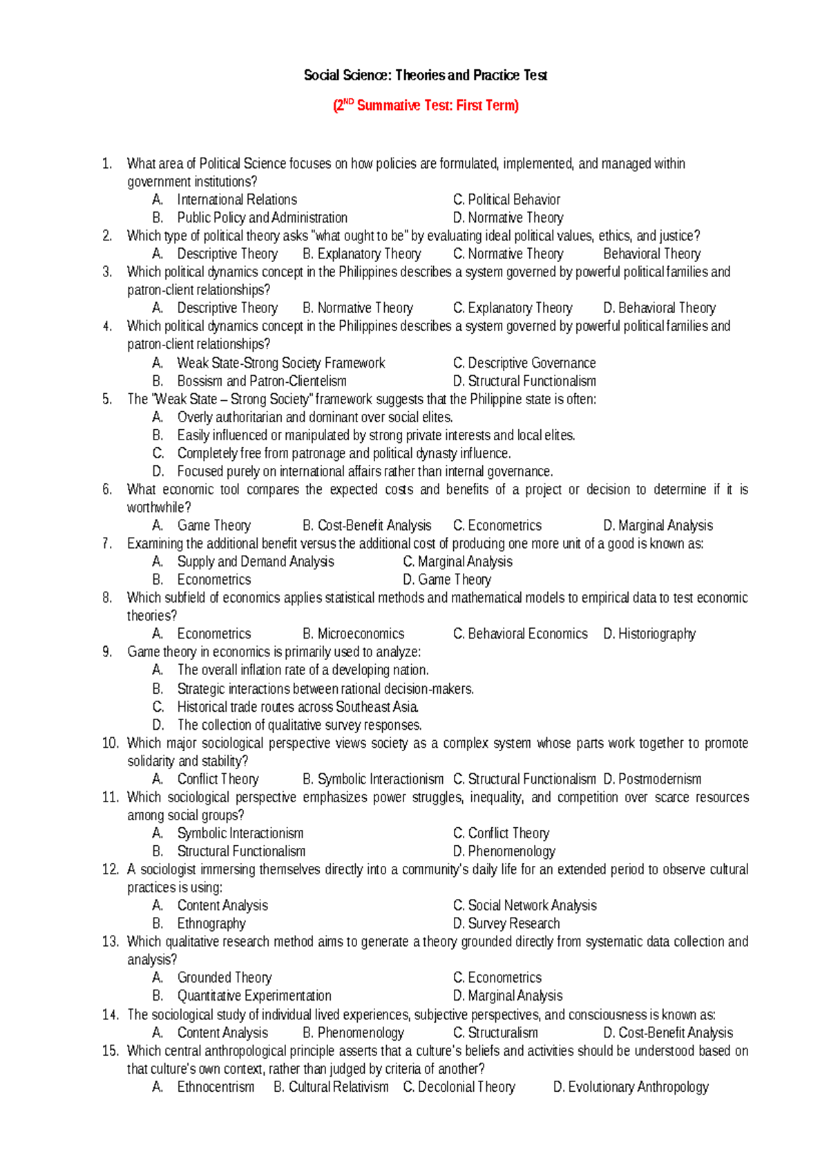 2ND Summative Test: Social Science Theories & Practice Assessment - Studocu