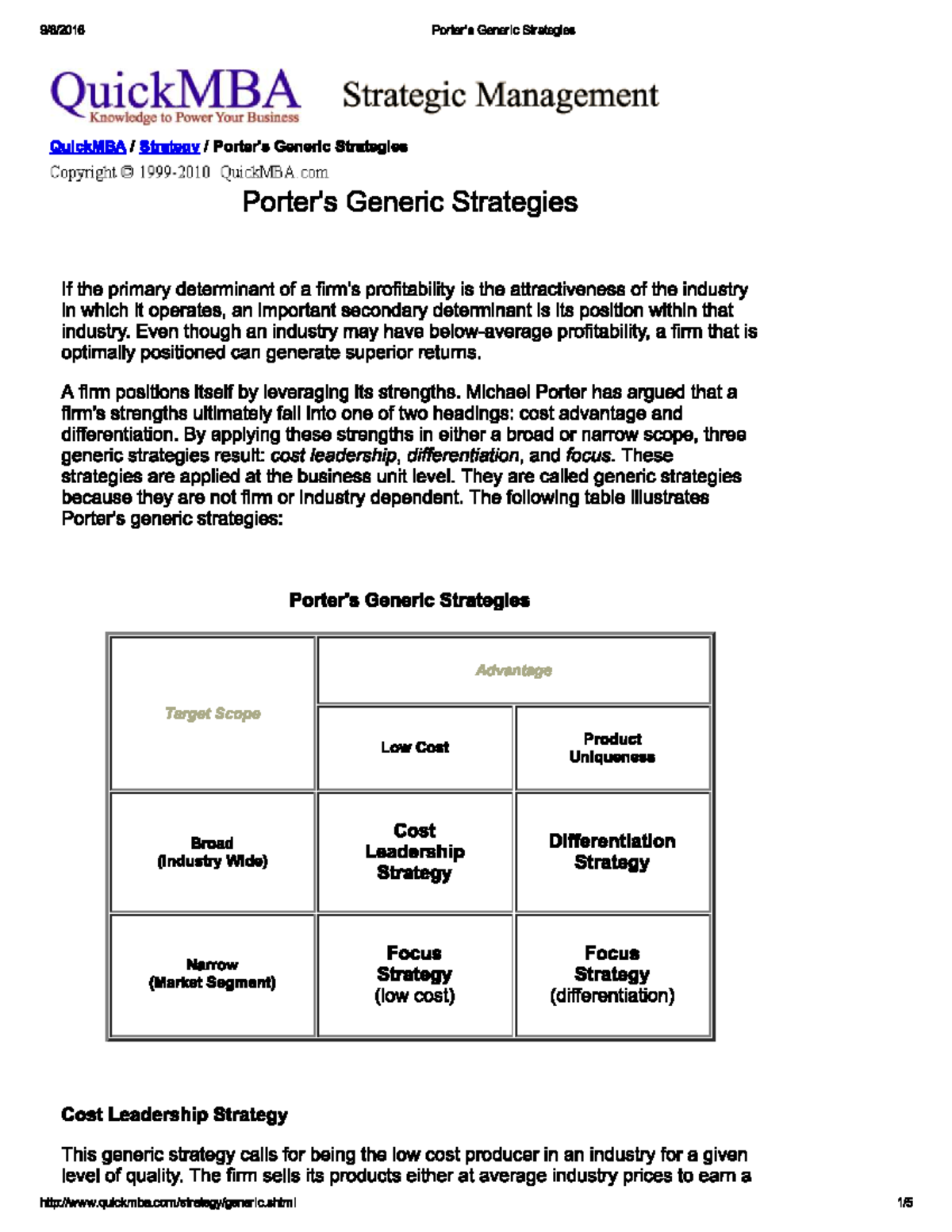 Week 4 Readings - MOS 4410 - Generic Strategy Examples Starbucks - Studocu