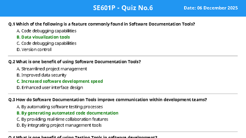 SE601P Quiz No.6 - MCQs on Software Documentation Tools - Studocu