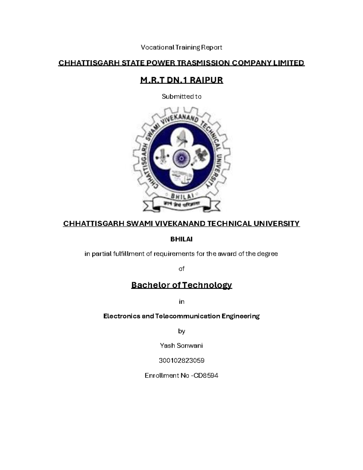 Vocational Training Report on CSPTCL MRT - B.Tech (ETC) 2025-2026 - Document Preview