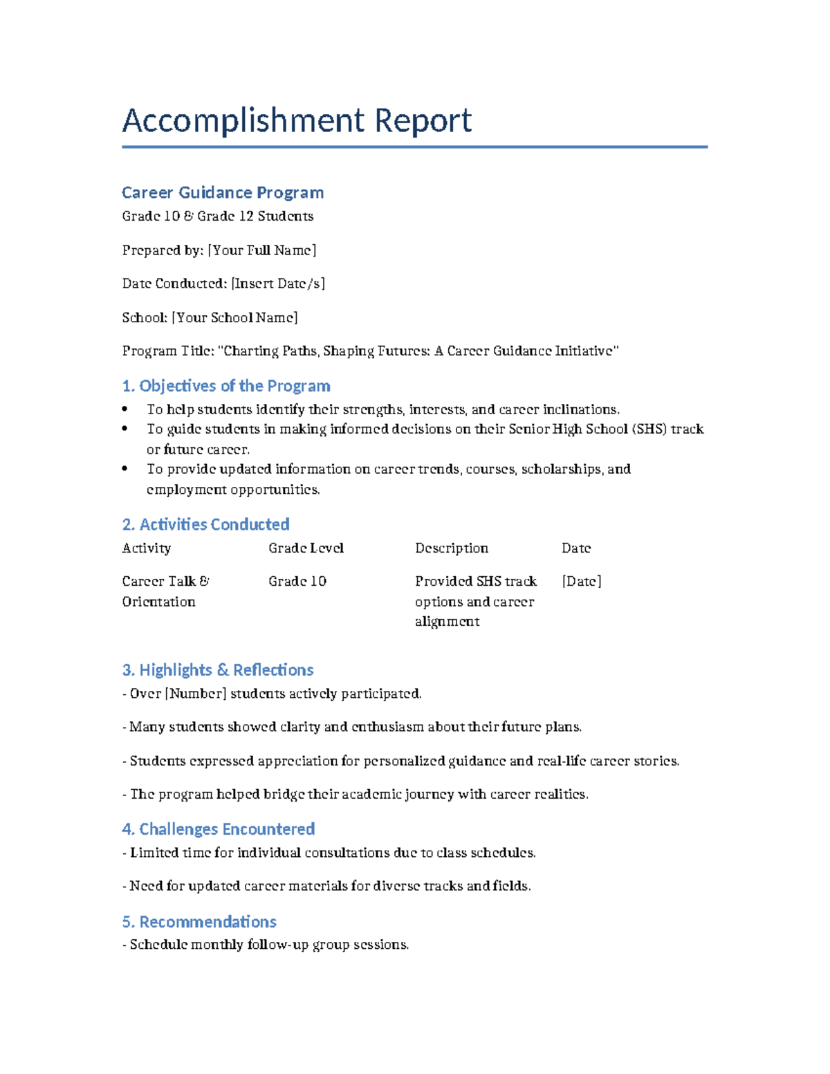 Career Guidance Program Accomplishment Report Template for Grades 10 ...