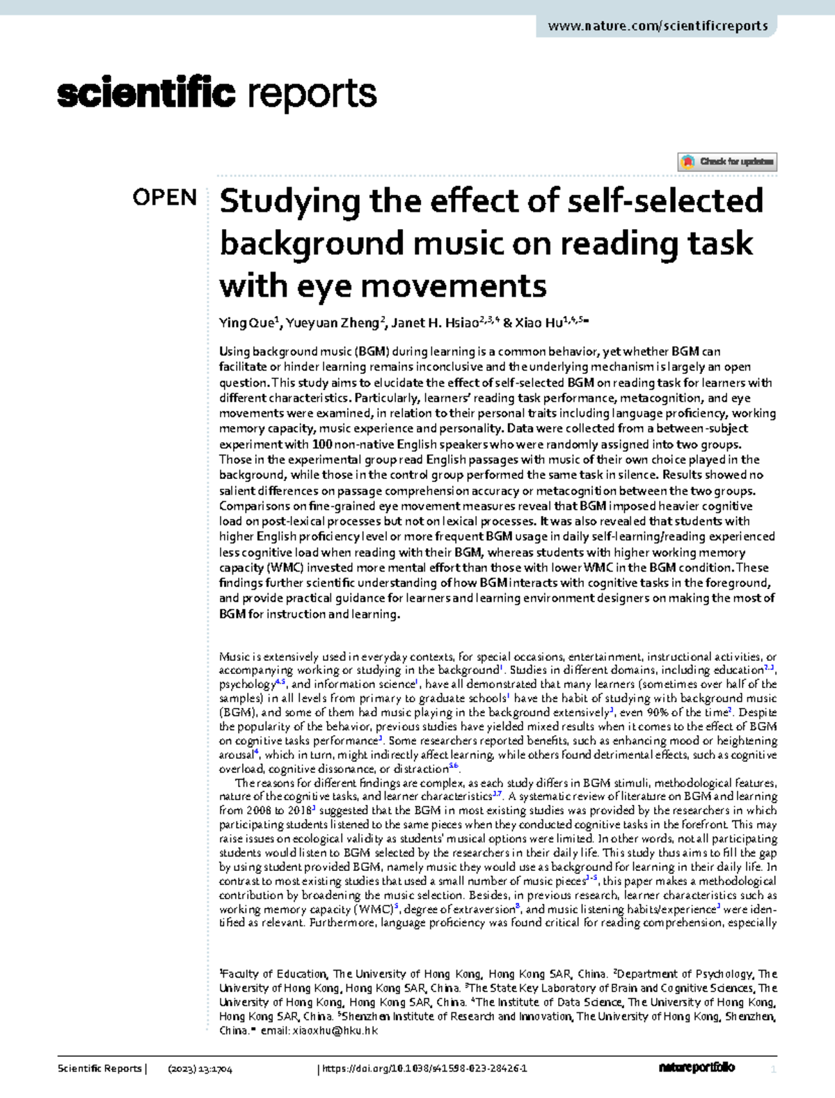 S41598-023-28426-1: Effects of Background Music on Reading Tasks and ...