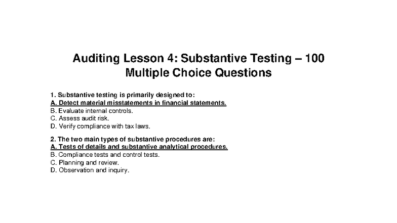 Substantive Testing 100Q - Bachelor of Science in Information ...